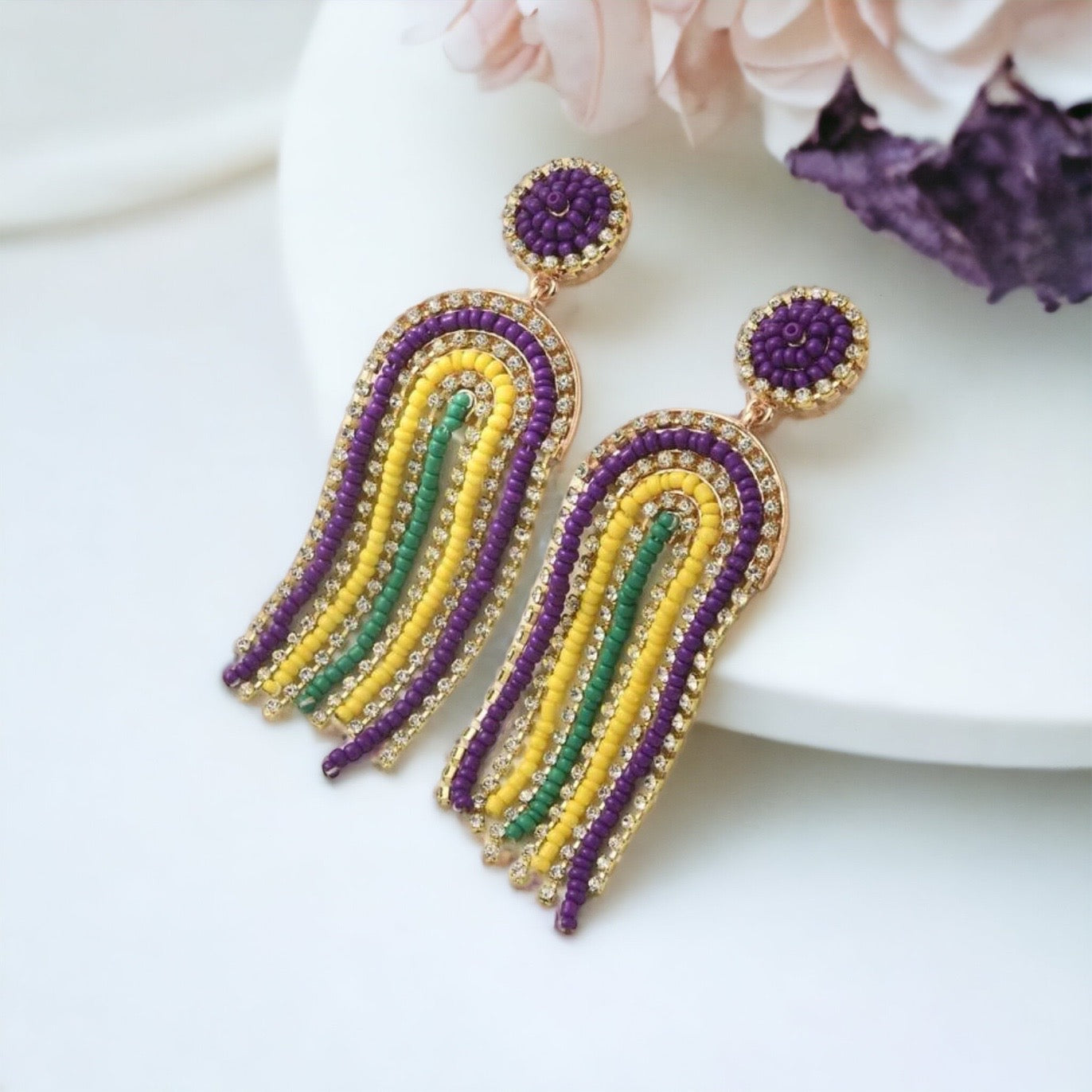 Beaded Mardi Gras Earrings - New Orleans Earrings, NOLA Jewelry, Purple Green Gold, Beaded Jewelry, Mardi Gras Jewelry, Mardi Gras Earrings - Rhythms of Grace Creative