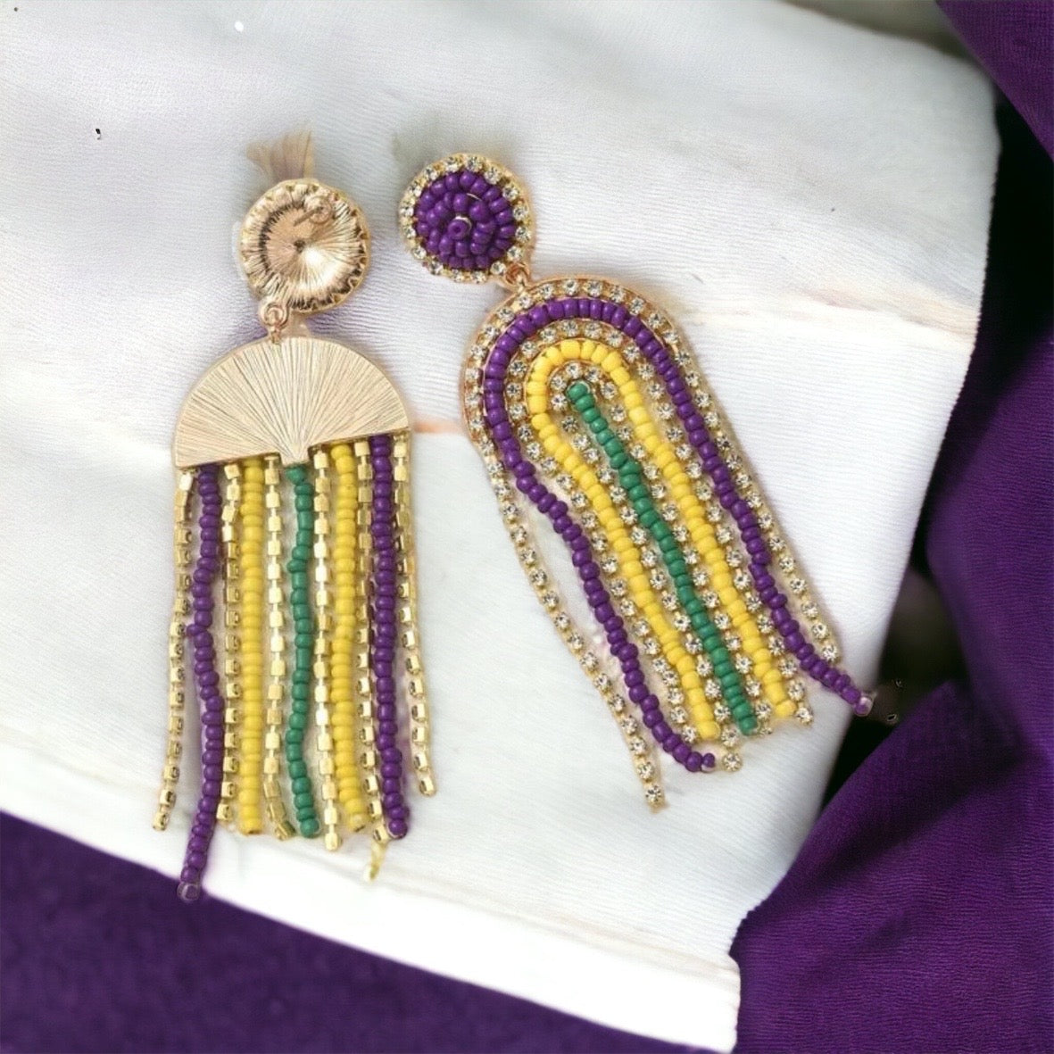 Beaded Mardi Gras Earrings - New Orleans Earrings, NOLA Jewelry, Purple Green Gold, Beaded Jewelry, Mardi Gras Jewelry, Mardi Gras Earrings - Rhythms of Grace Creative
