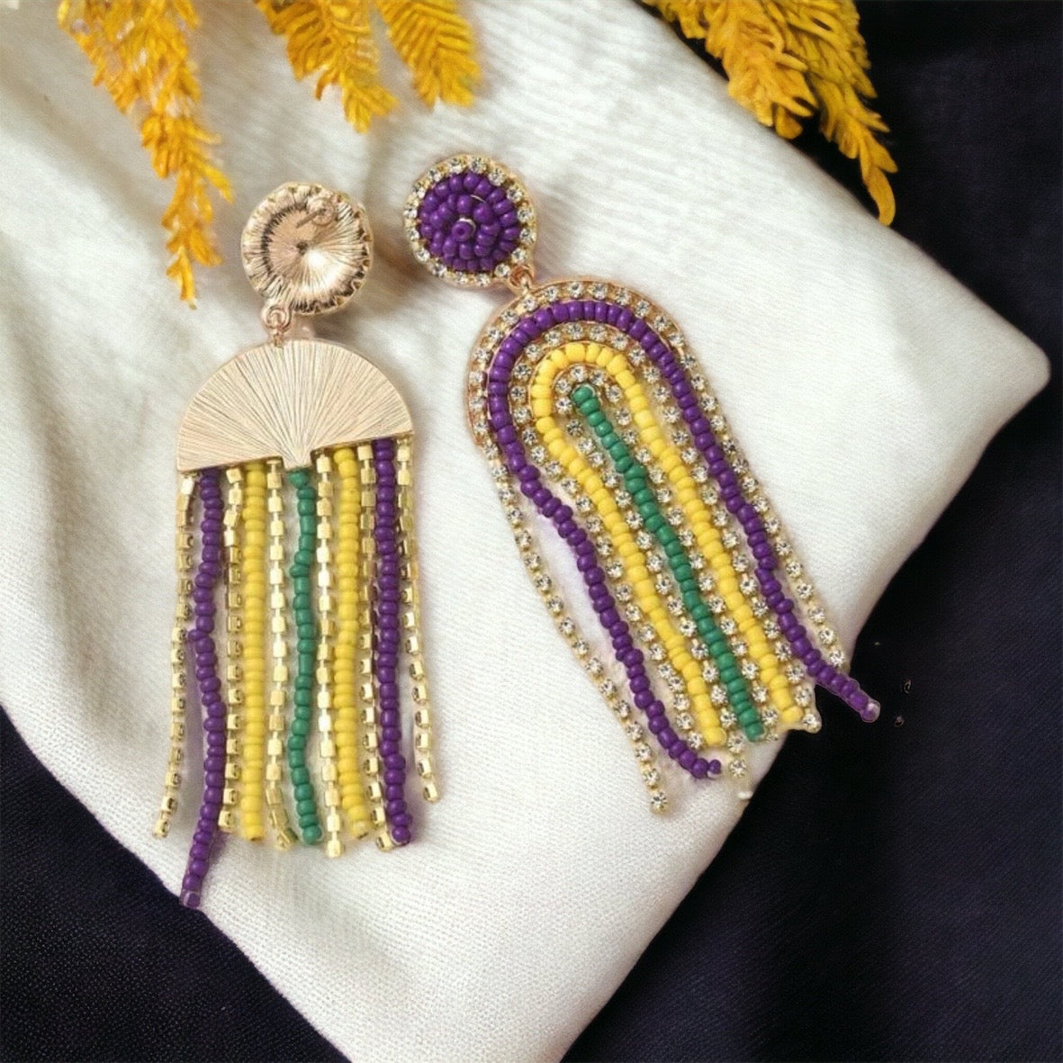 Beaded Mardi Gras Earrings - New Orleans Earrings, NOLA Jewelry, Purple Green Gold, Beaded Jewelry, Mardi Gras Jewelry, Mardi Gras Earrings - Rhythms of Grace Creative