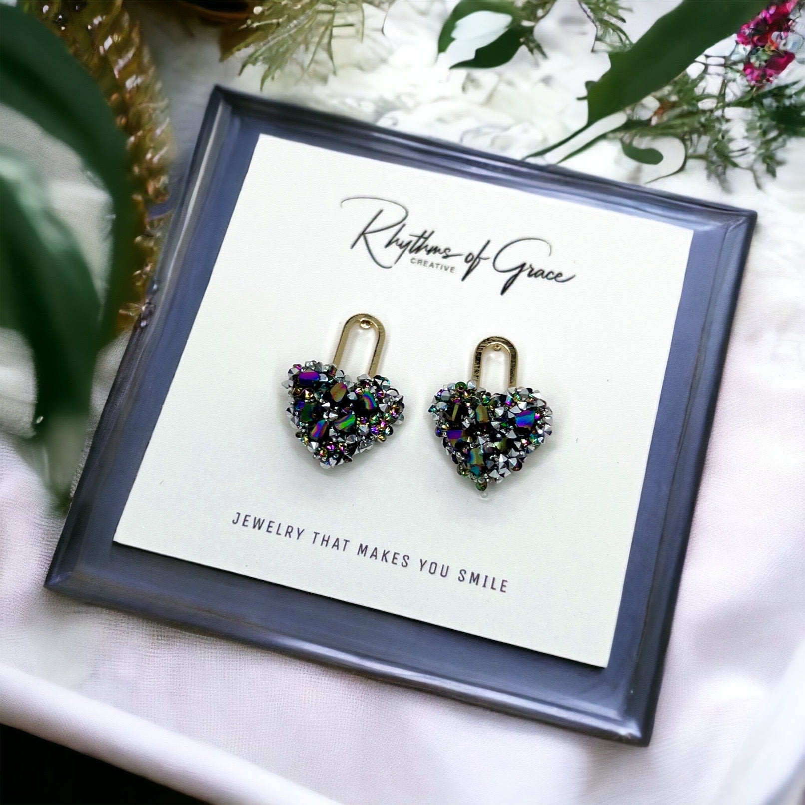 Rhinestone Heart Stud Earrings - Handmade Jewelry, Heart Earrings, Stud Earrings, Handmade Earrings, Rhinestone Accessories, Lock and Key - Rhythms of Grace Creative