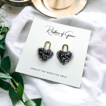 Rhinestone Heart Stud Earrings - Handmade Jewelry, Heart Earrings, Stud Earrings, Handmade Earrings, Rhinestone Accessories, Lock and Key - Rhythms of Grace Creative