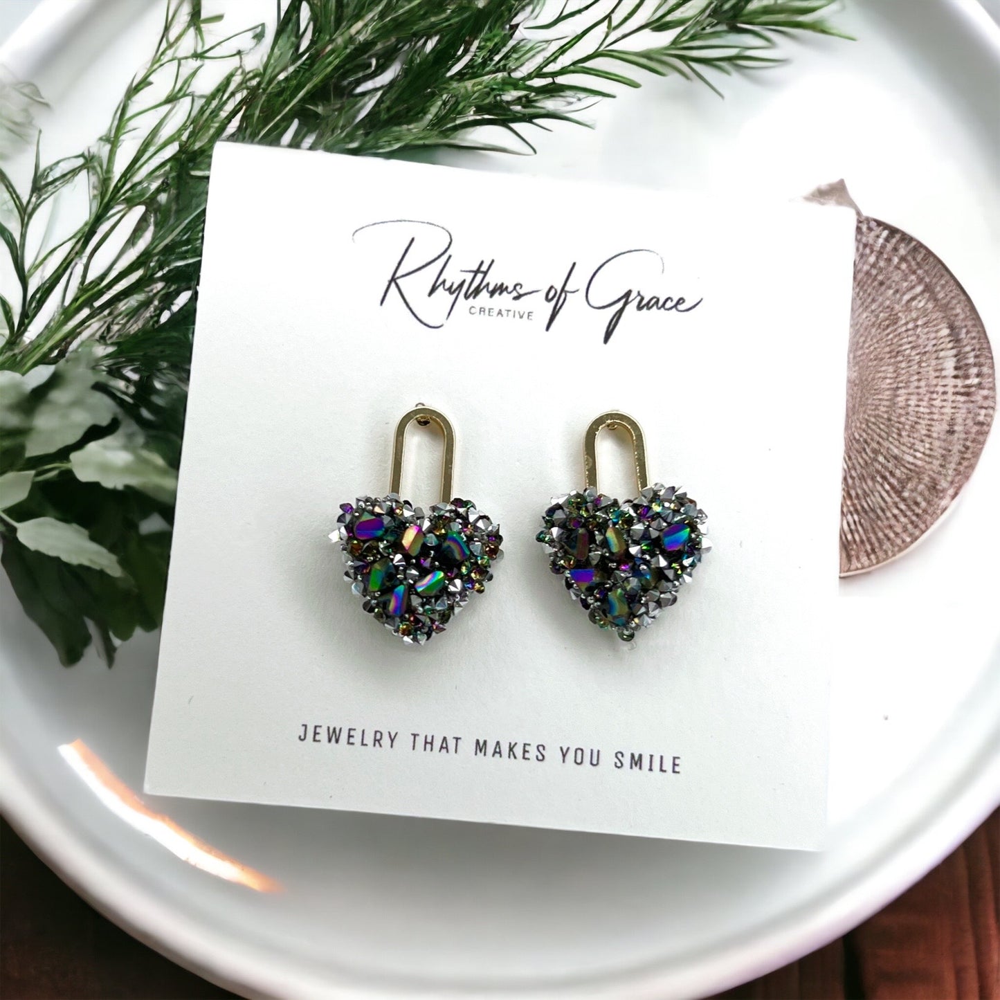 Rhinestone Heart Stud Earrings - Handmade Jewelry, Heart Earrings, Stud Earrings, Handmade Earrings, Rhinestone Accessories, Lock and Key - Rhythms of Grace Creative