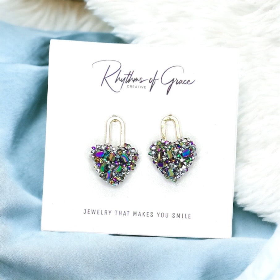 Rhinestone Heart Stud Earrings - Handmade Jewelry, Heart Earrings, Stud Earrings, Handmade Earrings, Rhinestone Accessories, Lock and Key - Rhythms of Grace Creative