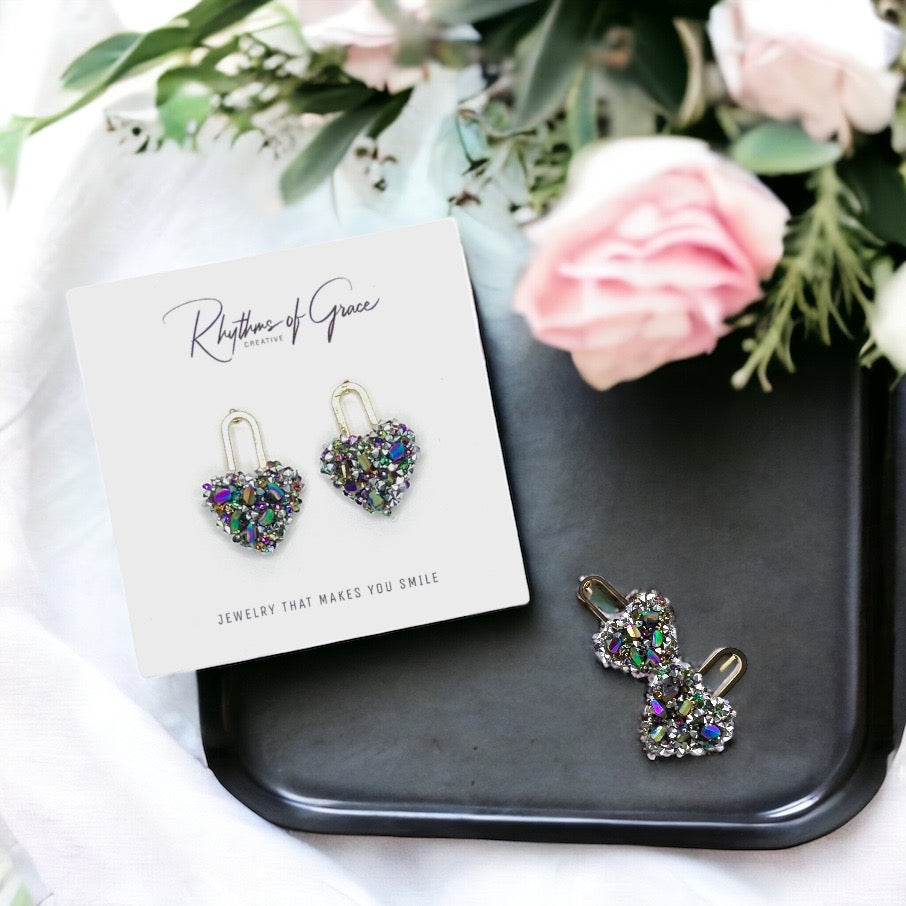 Rhinestone Heart Stud Earrings - Handmade Jewelry, Heart Earrings, Stud Earrings, Handmade Earrings, Rhinestone Accessories, Lock and Key - Rhythms of Grace Creative