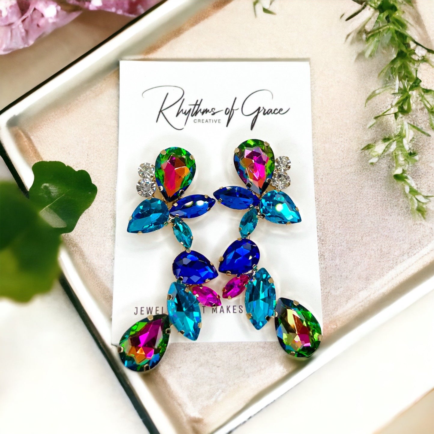Under the Sea Earrings - Blue Rhinestones, Blue Green Earrings;  Rhinestone Earrings - Rhythms of Grace Creative