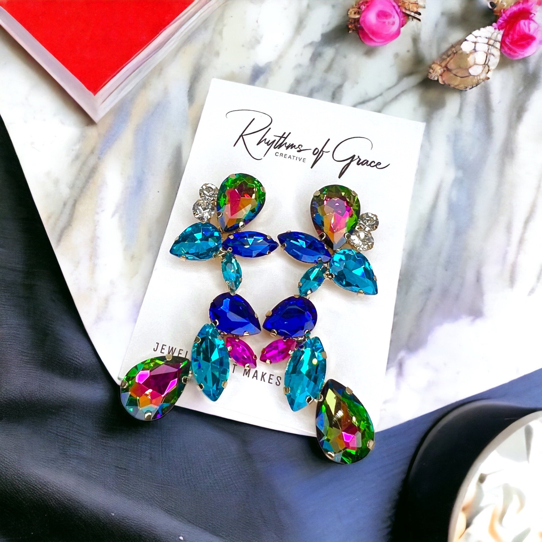 Under the Sea Earrings - Blue Rhinestones, Blue Green Earrings;  Rhinestone Earrings - Rhythms of Grace Creative