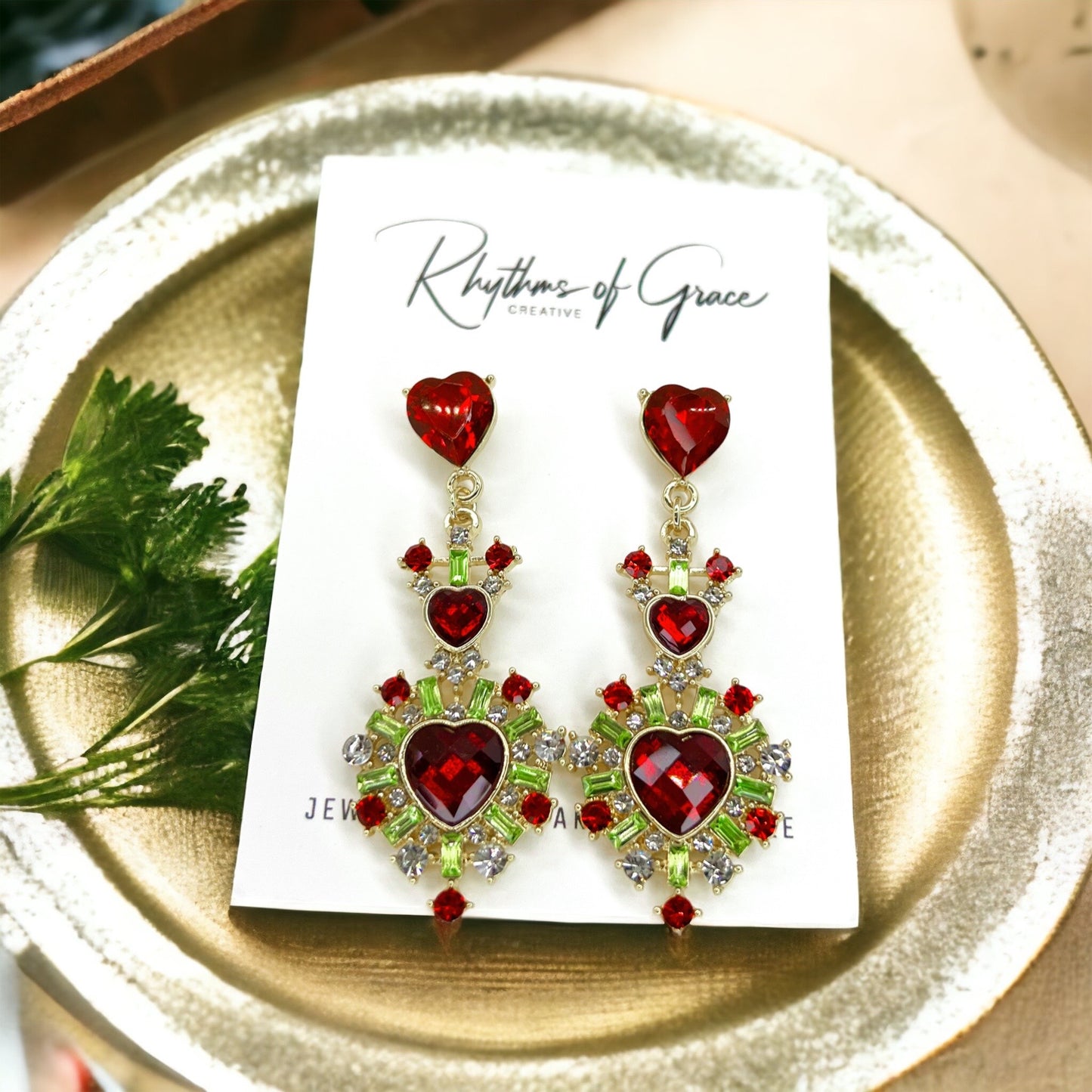Christmas Goddess Earrings - Rhinestone Earrings, Christmas Jewelry, Christmas Earrings, Red and Green Accessories, Holiday Jewelry - Rhythms of Grace Creative