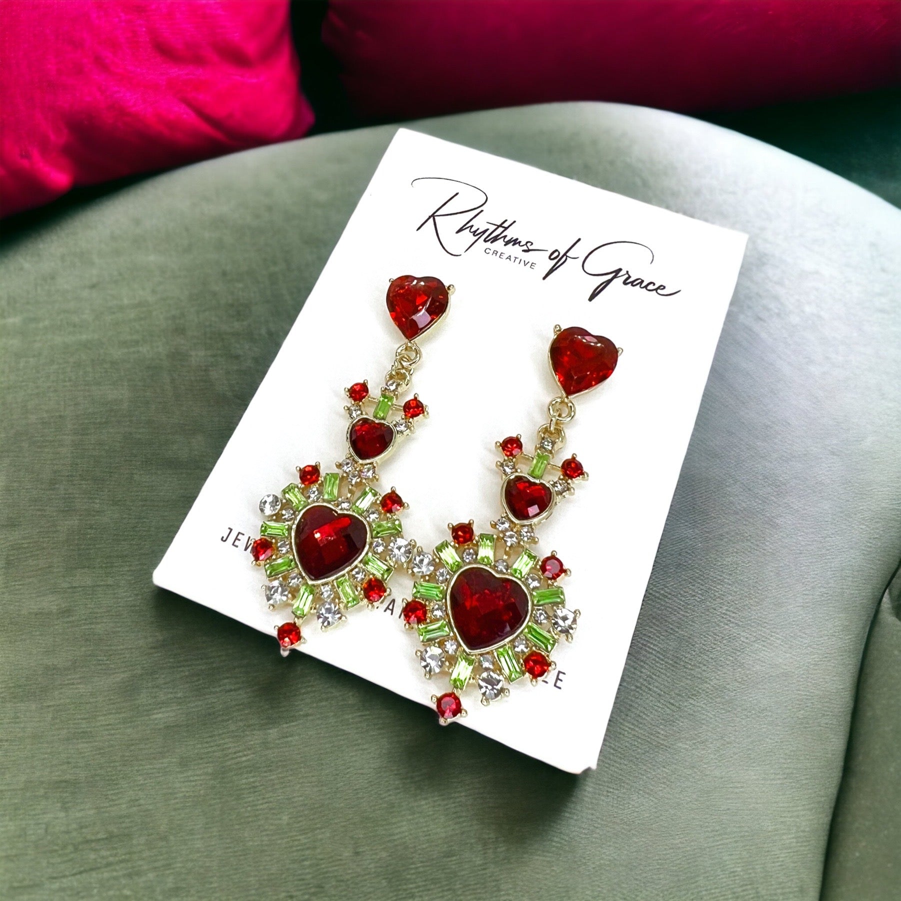 Christmas Goddess Earrings - Rhinestone Earrings, Christmas Jewelry, Christmas Earrings, Red and Green Accessories, Holiday Jewelry - Rhythms of Grace Creative