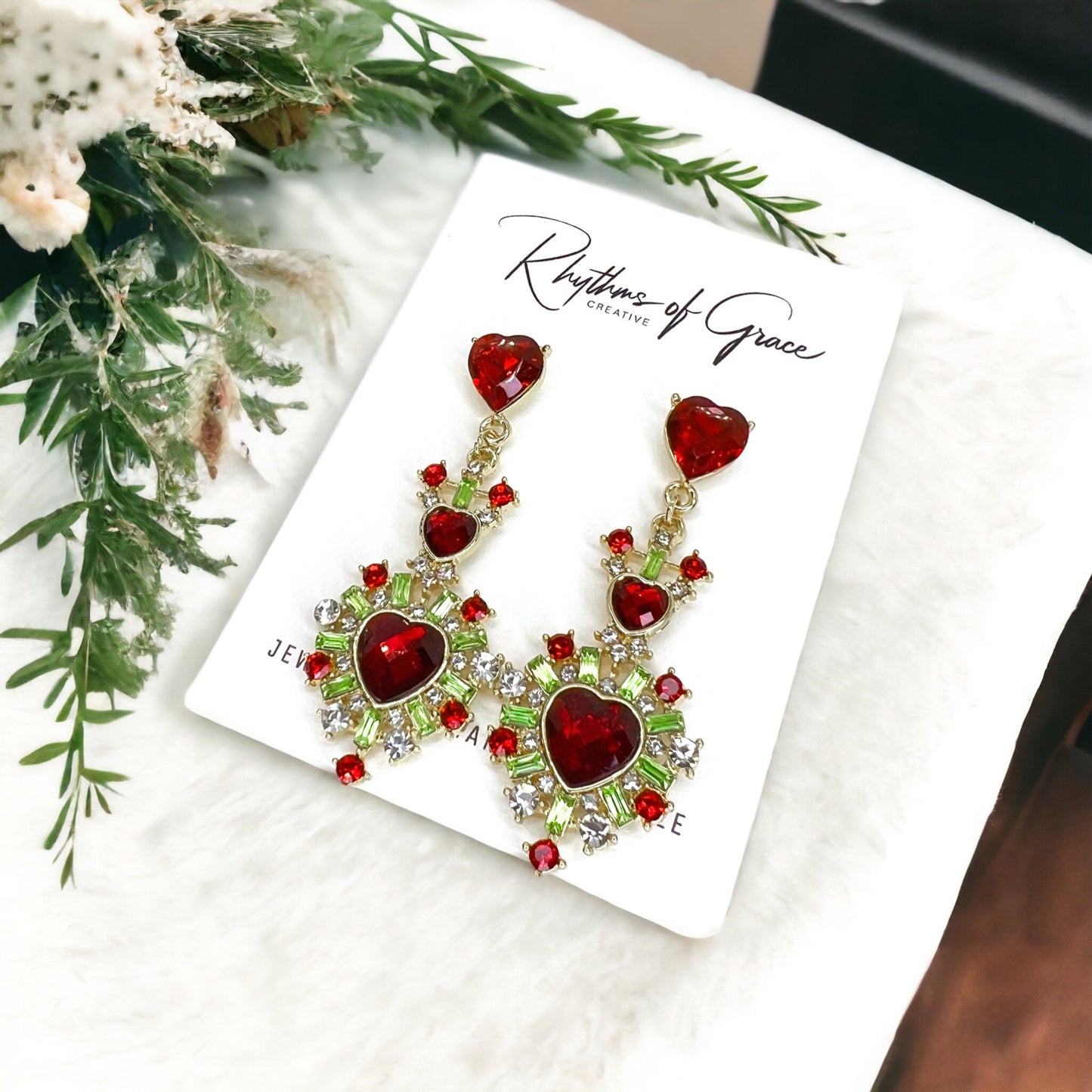 Christmas Goddess Earrings - Rhinestone Earrings, Christmas Jewelry, Christmas Earrings, Red and Green Accessories, Holiday Jewelry - Rhythms of Grace Creative
