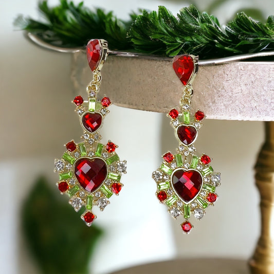 Christmas Goddess Earrings - Rhinestone Earrings, Christmas Jewelry, Christmas Earrings, Red and Green Accessories, Holiday Jewelry - Rhythms of Grace Creative