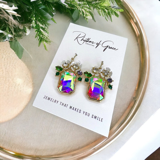 Rhinestone Floral Earrings - Floral Rhinestones, Sparkle Earrings, Rhinestone Earrings - Rhythms of Grace Creative