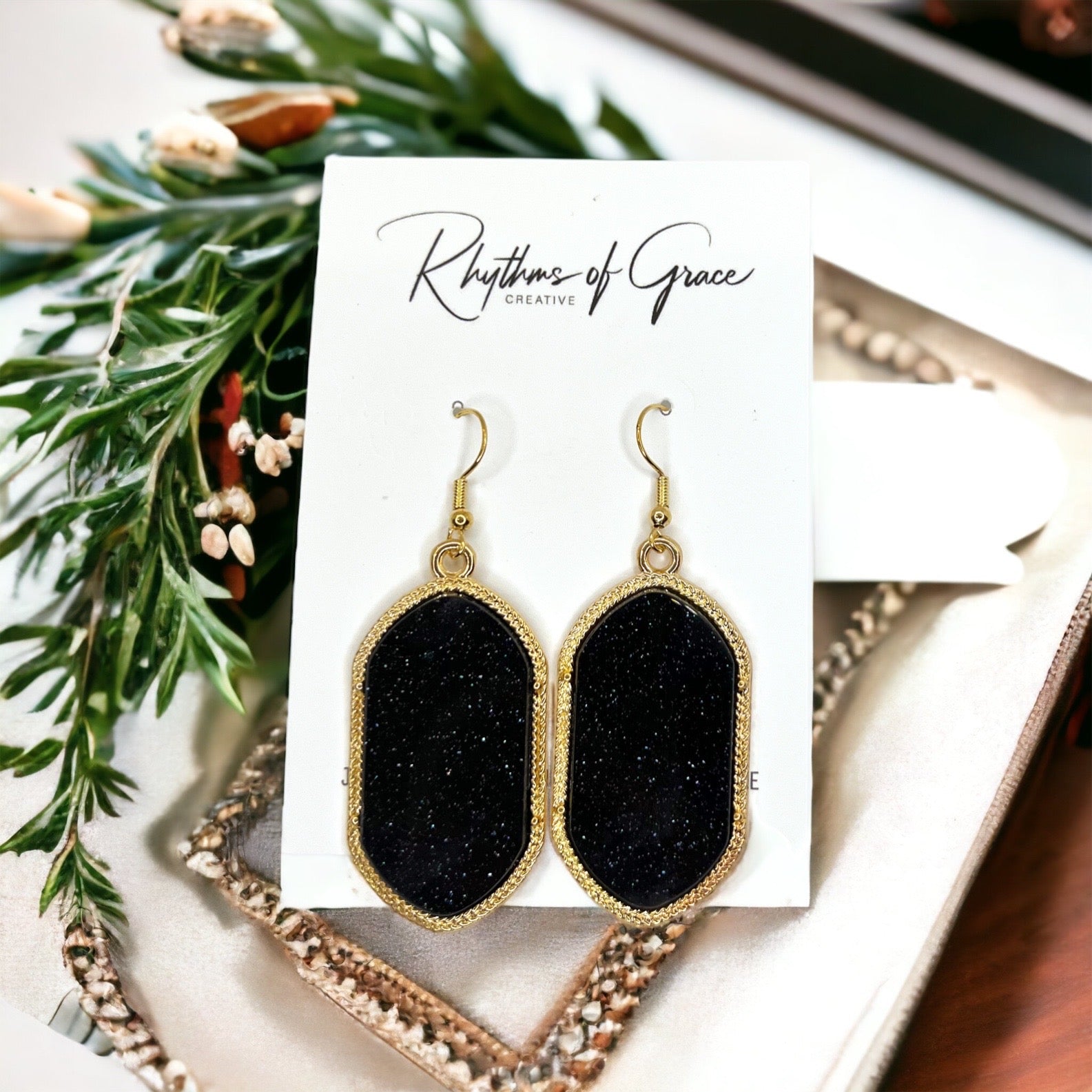 Black and Gold Beaded Earrings - Black and Gold, Fleur de lis, Handmade Earrings, Beaded Accessories, NOLA Saints - Rhythms of Grace Creative