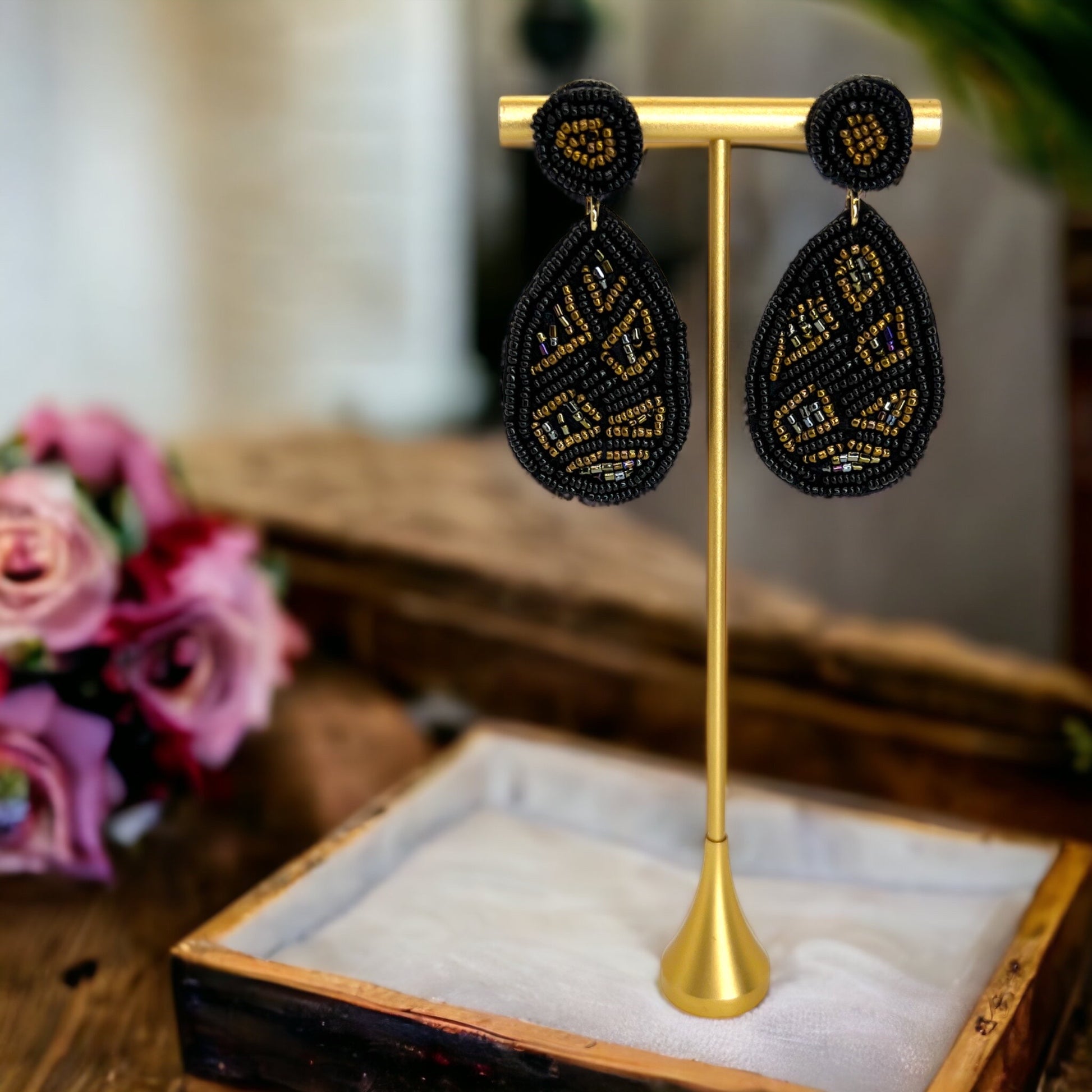 Black and Gold Beaded Earrings - Black and Gold, Fleur de lis, Handmade Earrings, Beaded Accessories, NOLA Saints - Rhythms of Grace Creative