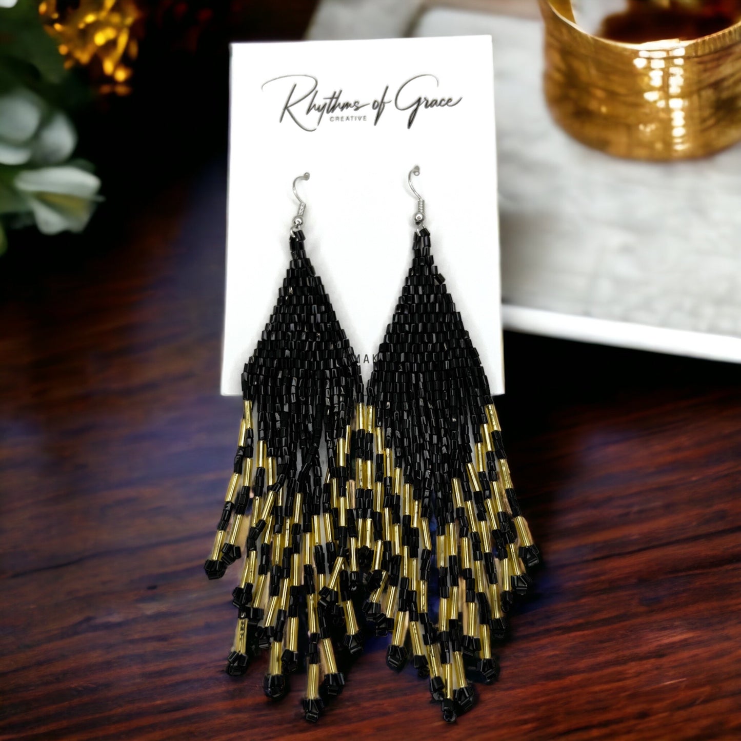 Black and Gold Beaded Earrings - Black and Gold, Fleur de lis, Handmade Earrings, Beaded Accessories, NOLA Saints - Rhythms of Grace Creative