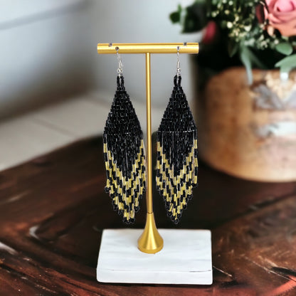 Black and Gold Beaded Earrings - Black and Gold, Fleur de lis, Handmade Earrings, Beaded Accessories, NOLA Saints - Rhythms of Grace Creative