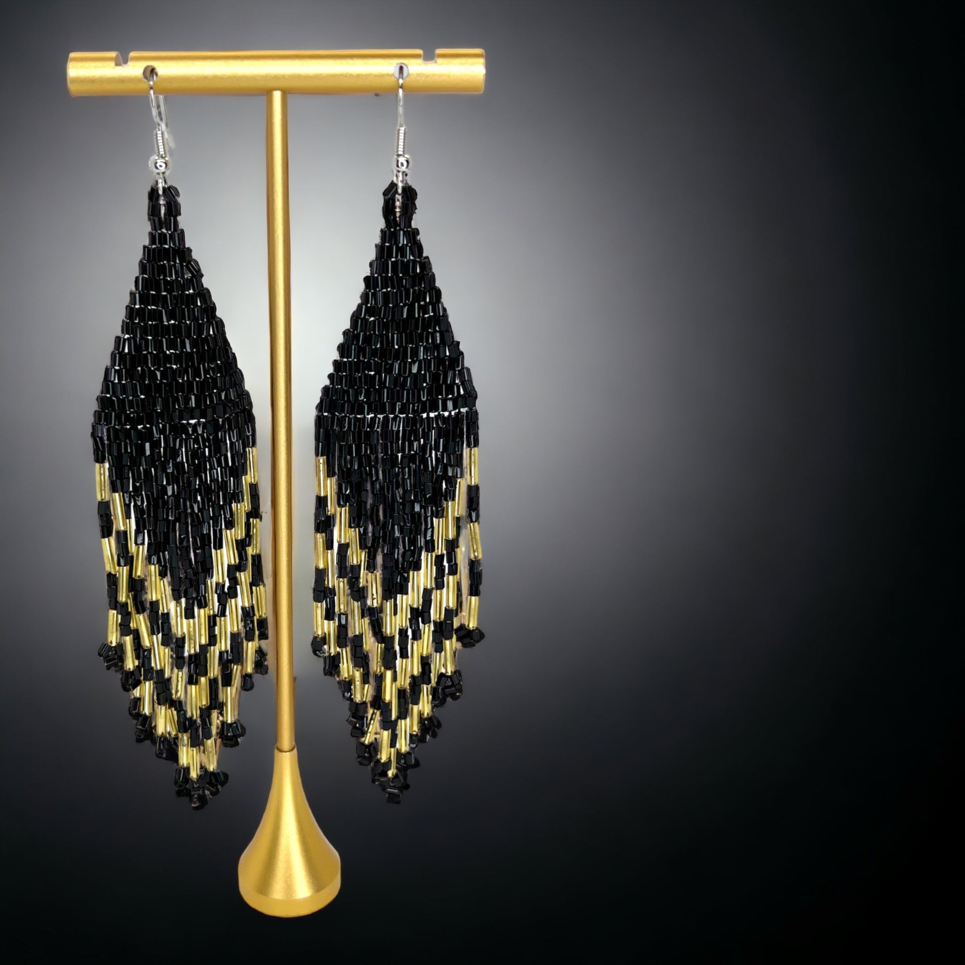 Black and Gold Beaded Earrings - Black and Gold, Fleur de lis, Handmade Earrings, Beaded Accessories, NOLA Saints - Rhythms of Grace Creative
