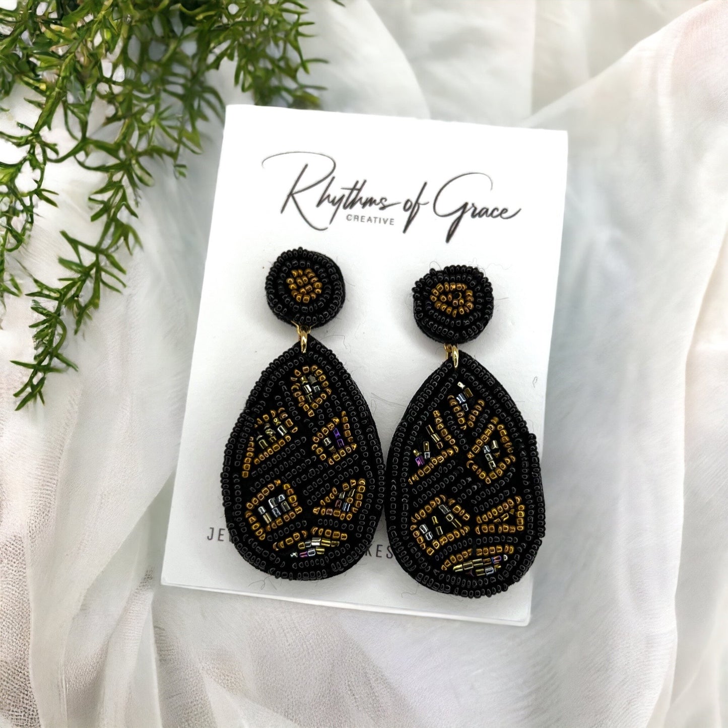 Black and Gold Beaded Earrings - Black and Gold, Fleur de lis, Handmade Earrings, Beaded Accessories, NOLA Saints - Rhythms of Grace Creative