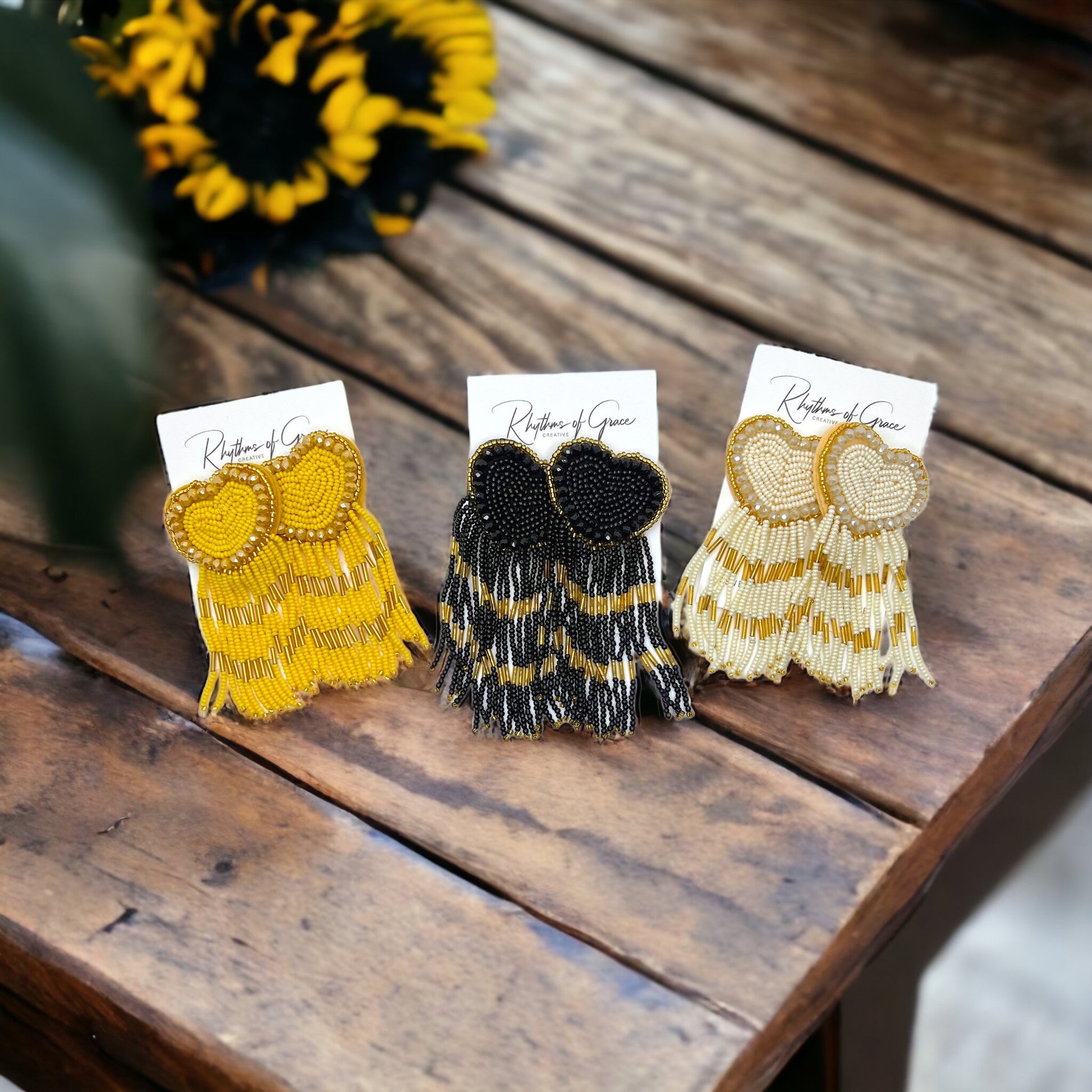 Beaded Heart Earrings - Boho Earrings, Bohemian Style, Kentucky Derby, Rose Earrings, Handmade Jewelry, Anniversary Gift - Rhythms of Grace Creative