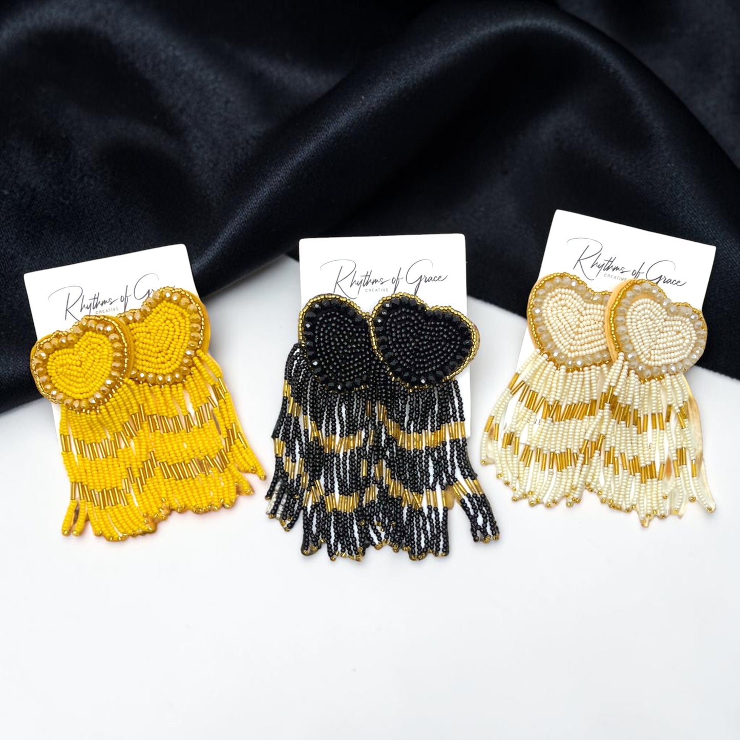 Romantic Fringe Beaded Heart Earrings – Boho Statement Jewelry | Kentucky Derby Style | 3 Colors