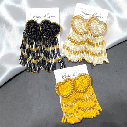 Romantic Fringe Beaded Heart Earrings – Boho Statement Jewelry | Kentucky Derby Style | 3 Colors