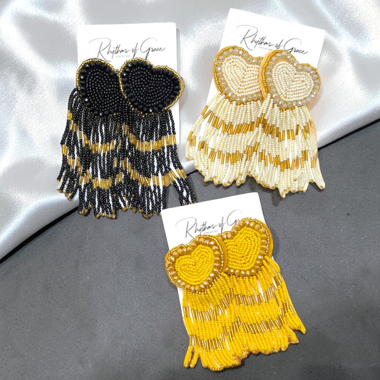 Romantic Fringe Beaded Heart Earrings – Boho Statement Jewelry | Kentucky Derby Style | 3 Colors