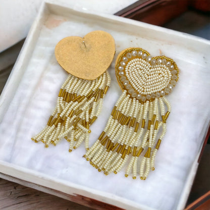 Beaded Heart Earrings - Boho Earrings, Bohemian Style, Kentucky Derby, Rose Earrings, Handmade Jewelry, Anniversary Gift - Rhythms of Grace Creative