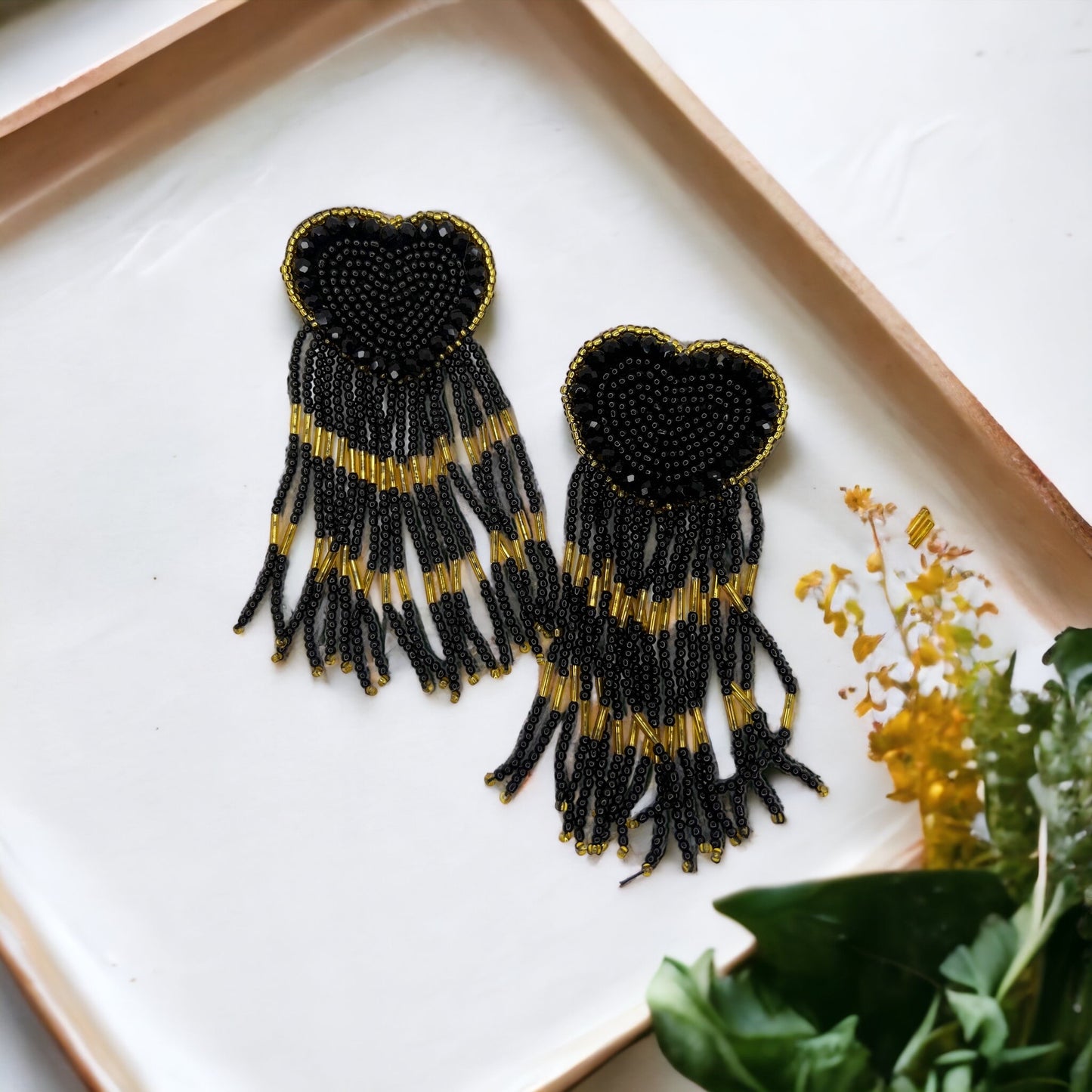 Beaded Heart Earrings - Boho Earrings, Bohemian Style, Kentucky Derby, Rose Earrings, Handmade Jewelry, Anniversary Gift - Rhythms of Grace Creative