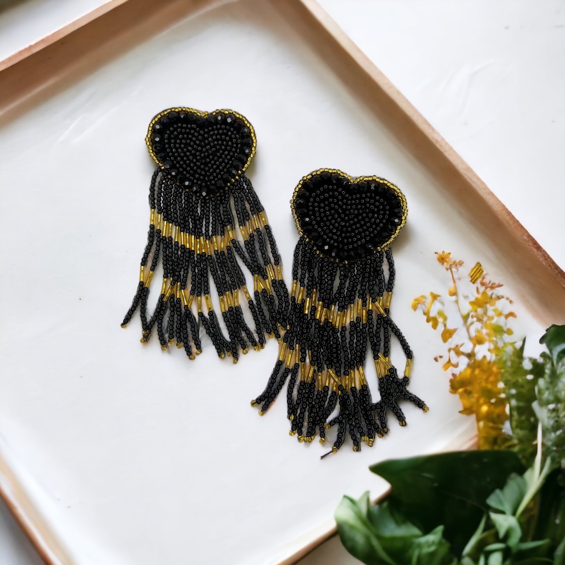 Beaded Heart Earrings - Boho Earrings, Bohemian Style, Kentucky Derby, Rose Earrings, Handmade Jewelry, Anniversary Gift - Rhythms of Grace Creative