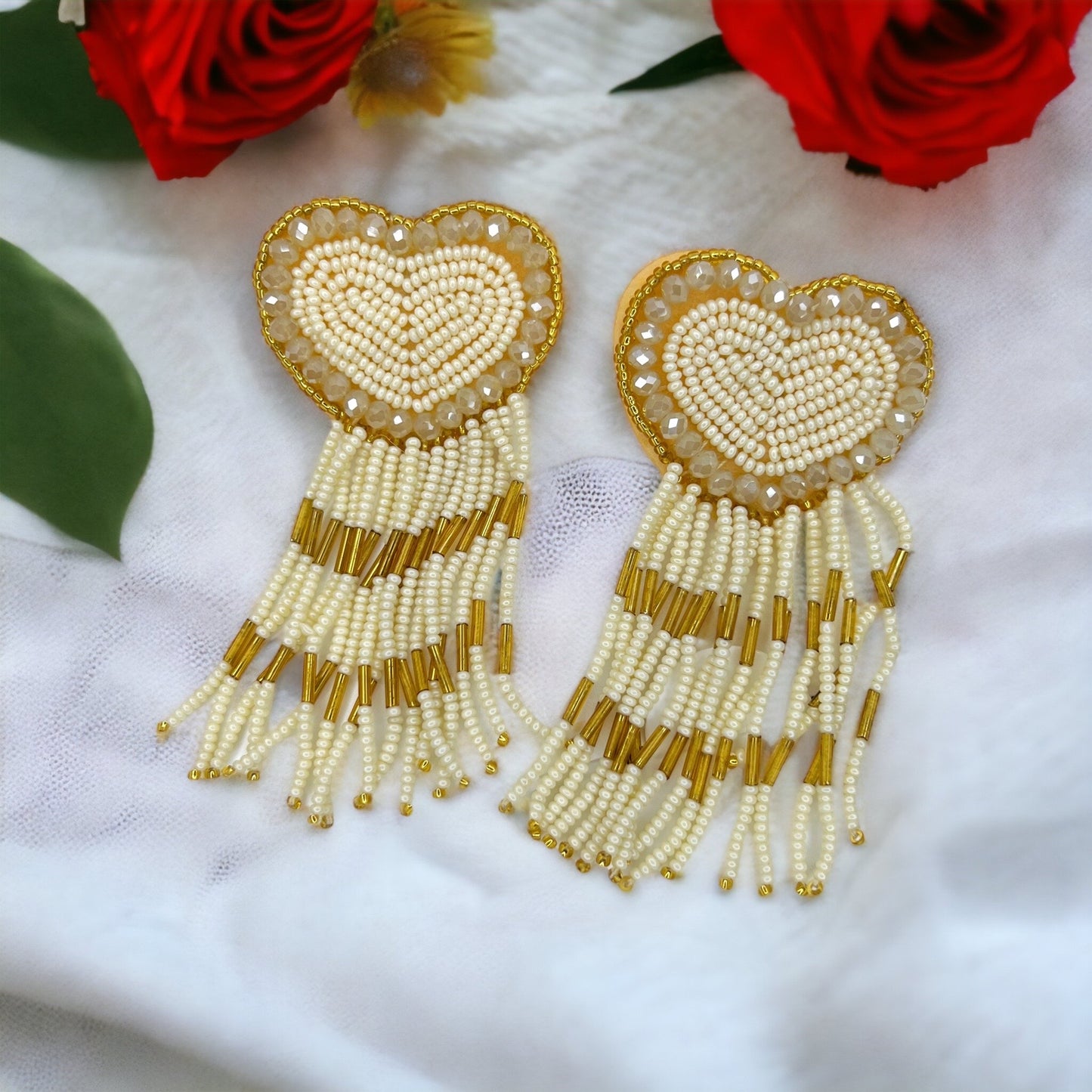 Beaded Heart Earrings - Boho Earrings, Bohemian Style, Kentucky Derby, Rose Earrings, Handmade Jewelry, Anniversary Gift - Rhythms of Grace Creative