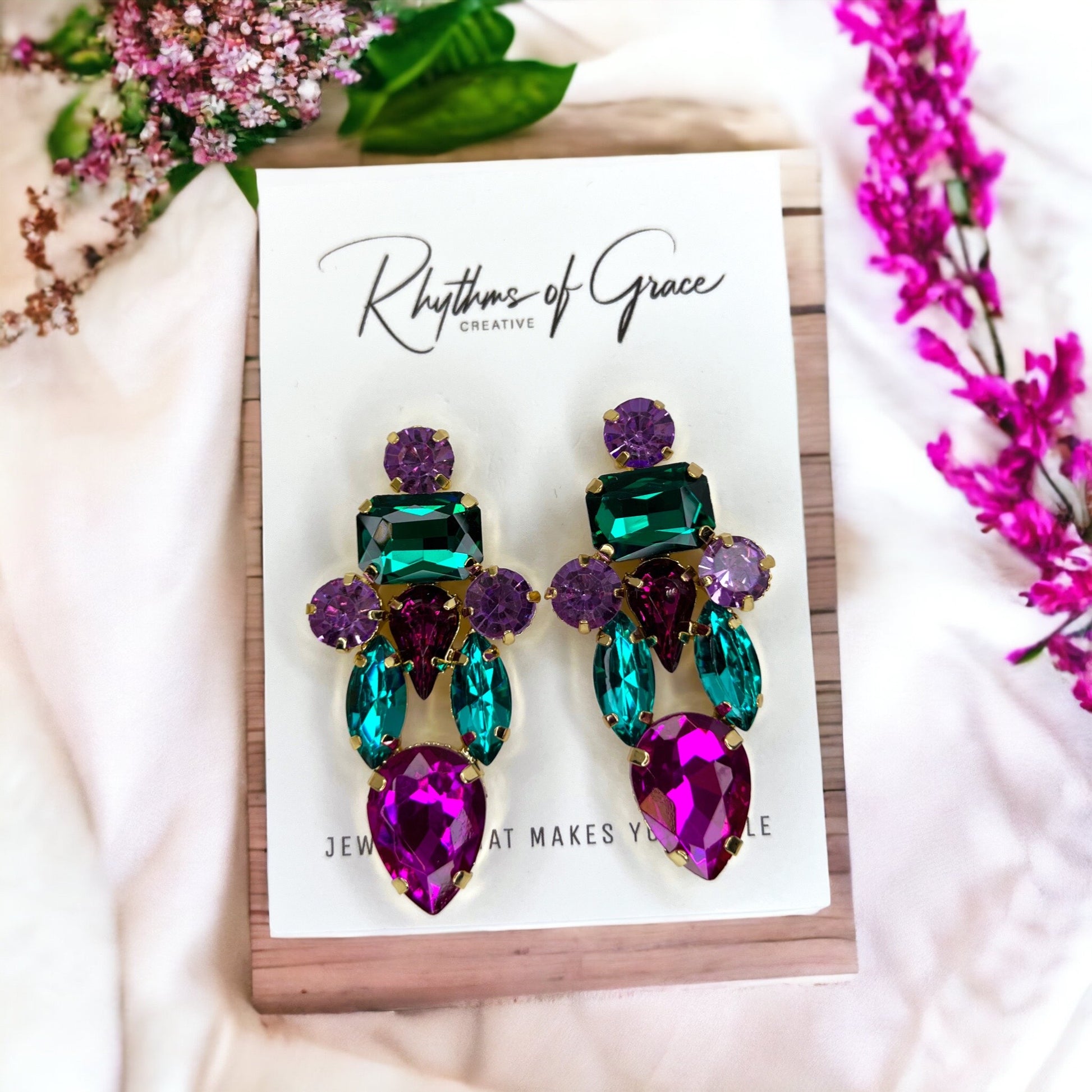 Colorful Rhinestone Earrings - Mardi Gras Ball, Rhinestone Earrings, Hot Pink, Parade Outfit - Rhythms of Grace Creative