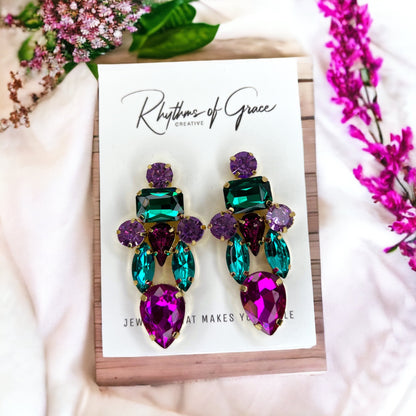 Colorful Rhinestone Earrings - Mardi Gras Ball, Rhinestone Earrings, Hot Pink, Parade Outfit - Rhythms of Grace Creative