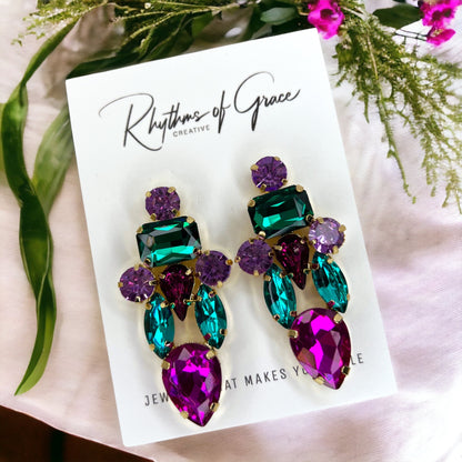 Colorful Rhinestone Earrings - Mardi Gras Ball, Rhinestone Earrings, Hot Pink, Parade Outfit - Rhythms of Grace Creative