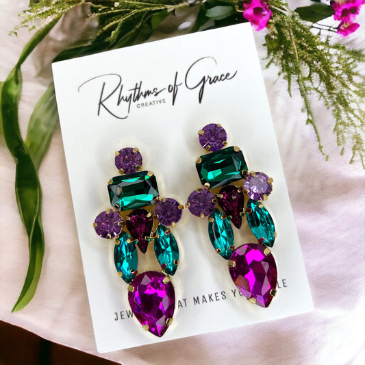 Colorful Rhinestone Earrings - Mardi Gras Ball, Rhinestone Earrings, Hot Pink, Parade Outfit - Rhythms of Grace Creative