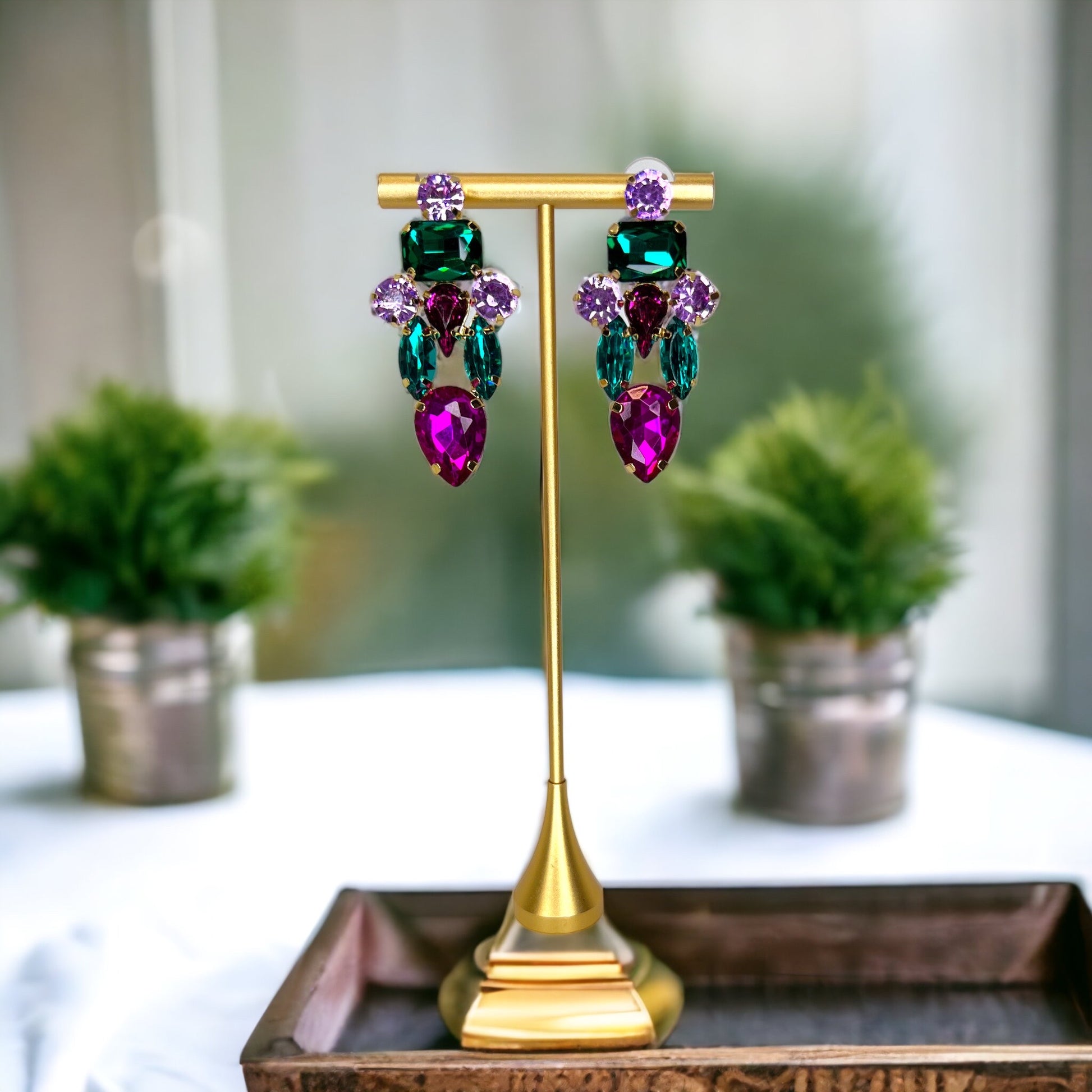 Colorful Rhinestone Earrings - Mardi Gras Ball, Rhinestone Earrings, Hot Pink, Parade Outfit - Rhythms of Grace Creative