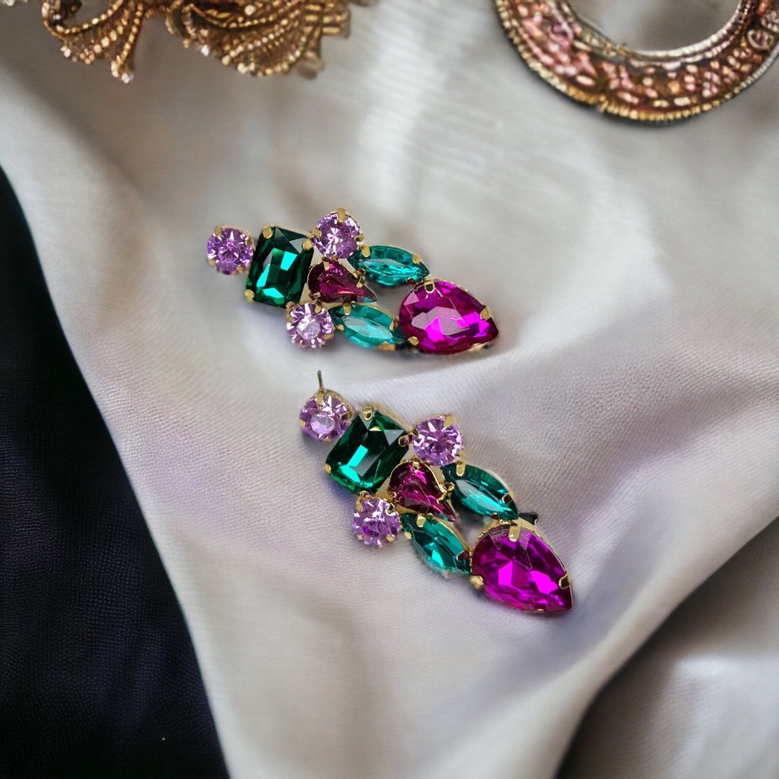 Colorful Rhinestone Earrings - Mardi Gras Ball, Rhinestone Earrings, Hot Pink, Parade Outfit - Rhythms of Grace Creative