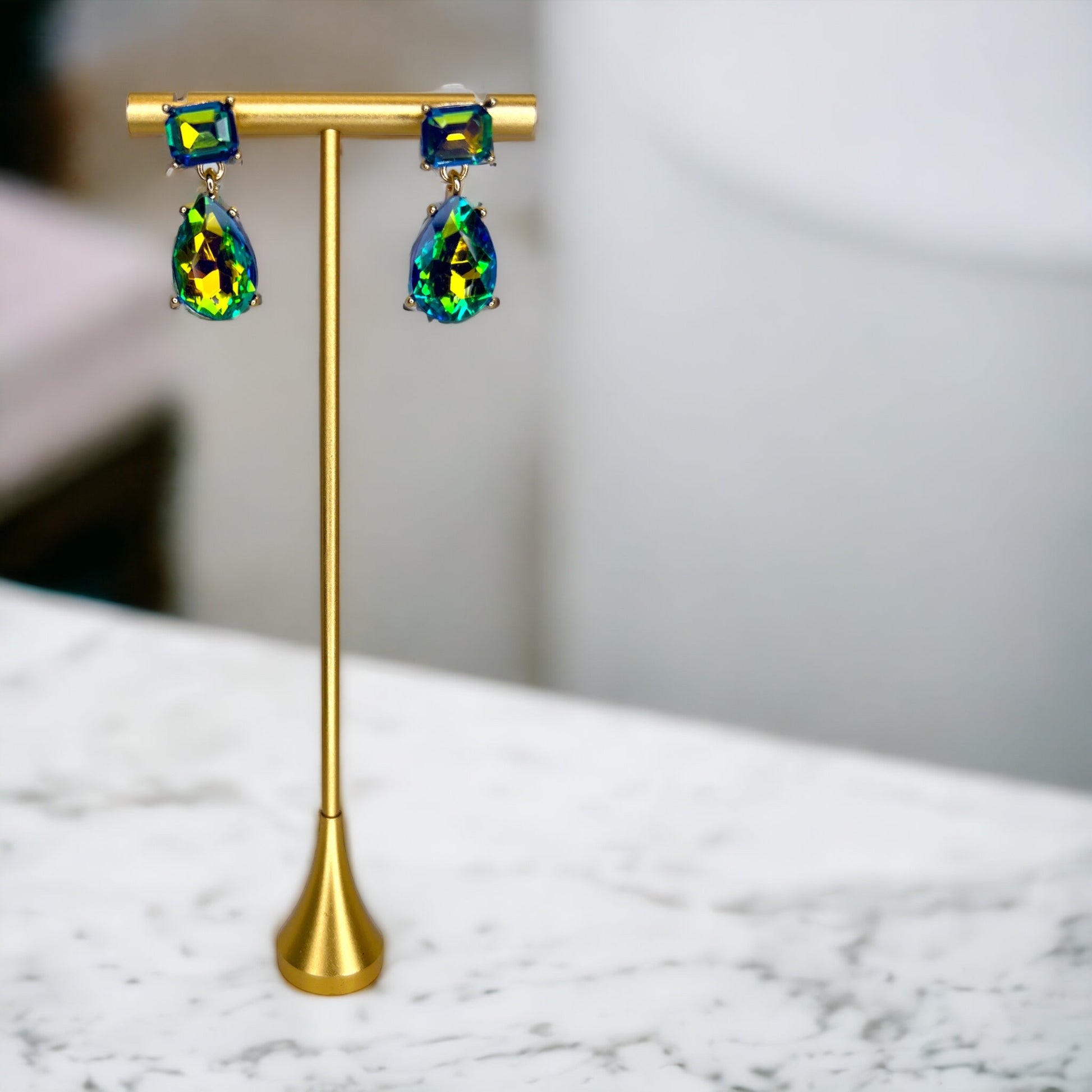 Blue Rhinestone Earrings - Mardi Gras Ball, Rhinestone Earrings, Winter Formal, Parade Outfit - Rhythms of Grace Creative