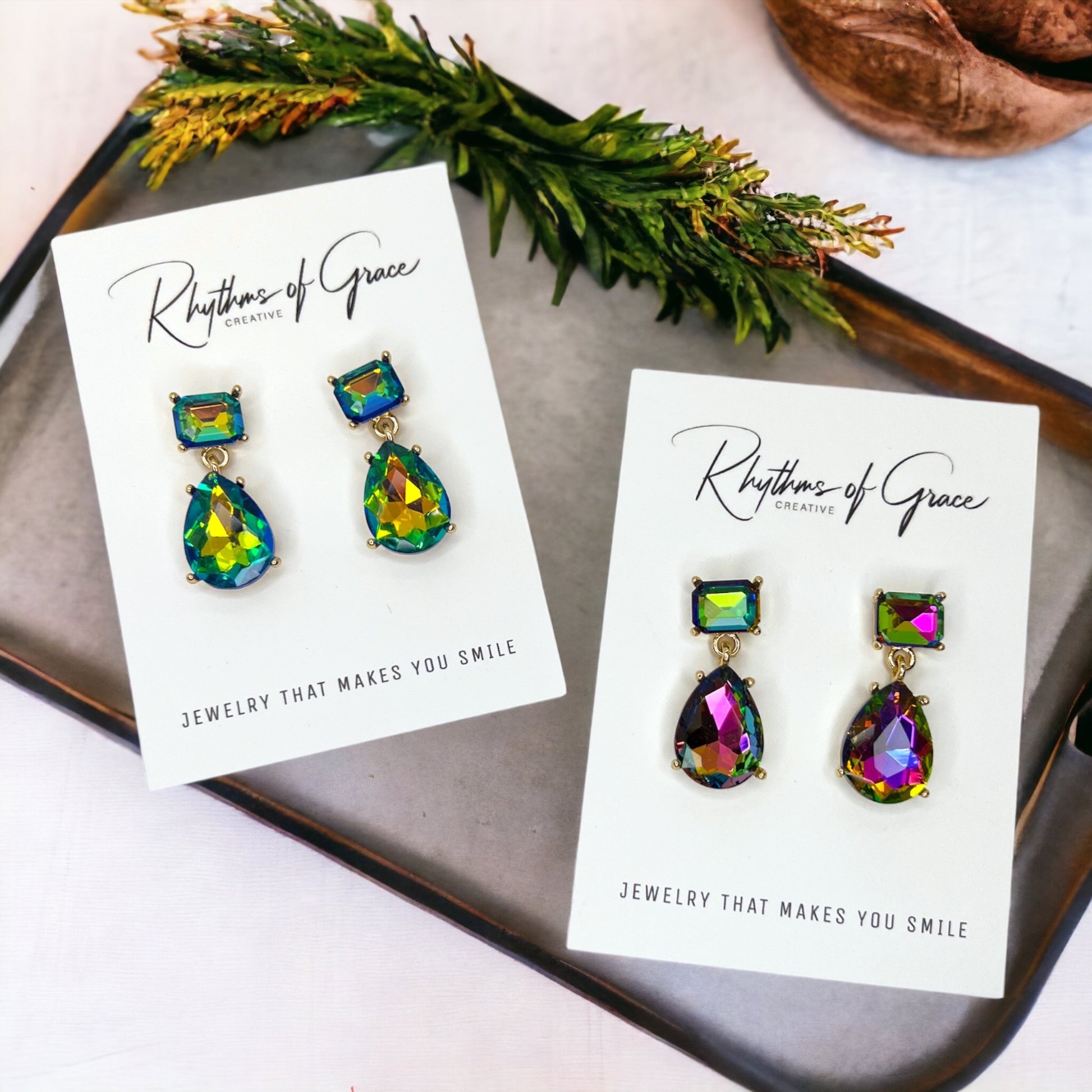 Blue Rhinestone Earrings - Mardi Gras Ball, Rhinestone Earrings, Winter Formal, Parade Outfit - Rhythms of Grace Creative
