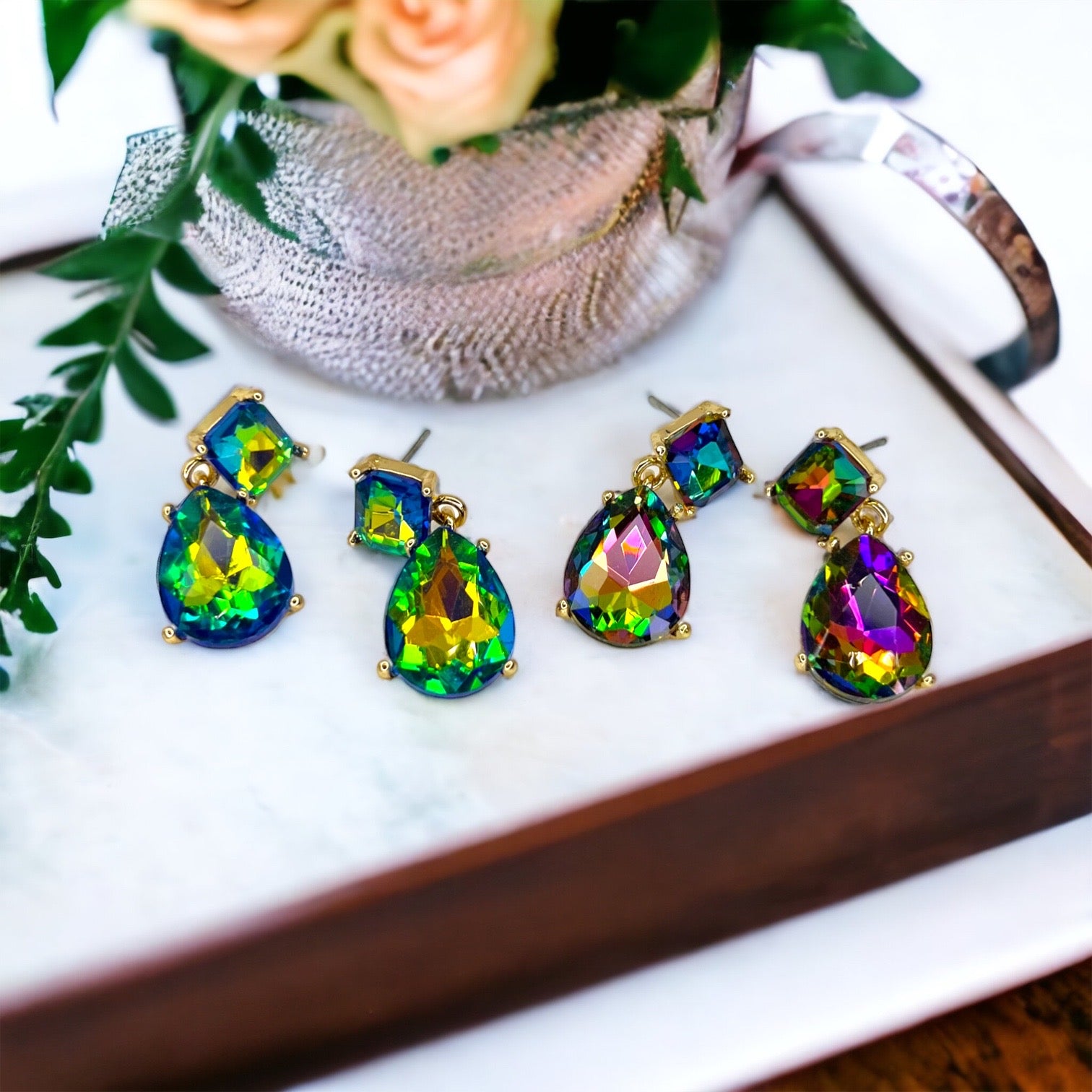 Blue Rhinestone Earrings - Mardi Gras Ball, Rhinestone Earrings, Winter Formal, Parade Outfit - Rhythms of Grace Creative