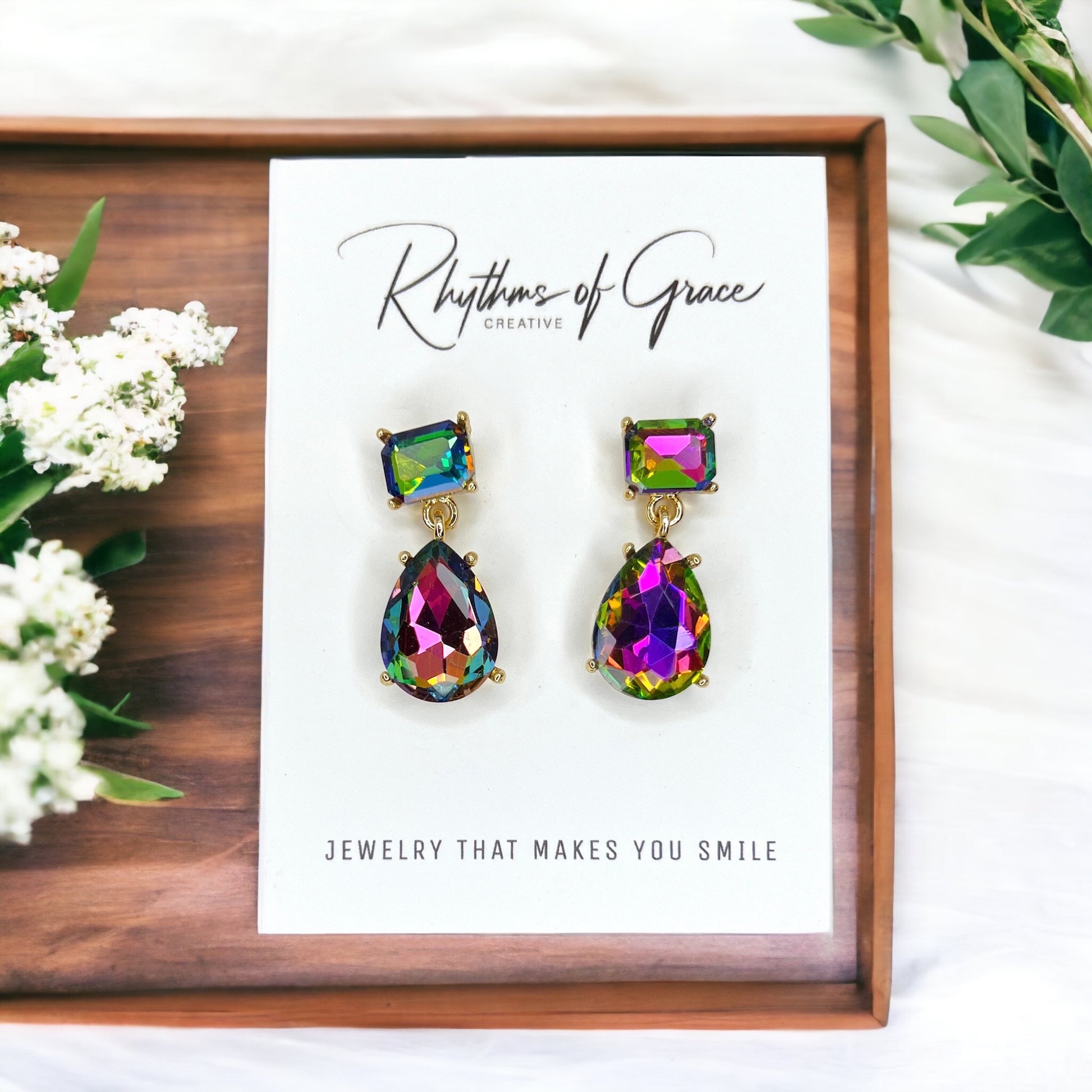Blue Rhinestone Earrings - Mardi Gras Ball, Rhinestone Earrings, Winter Formal, Parade Outfit - Rhythms of Grace Creative