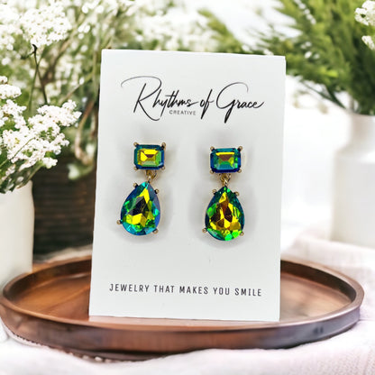 Blue Rhinestone Earrings - Mardi Gras Ball, Rhinestone Earrings, Winter Formal, Parade Outfit - Rhythms of Grace Creative