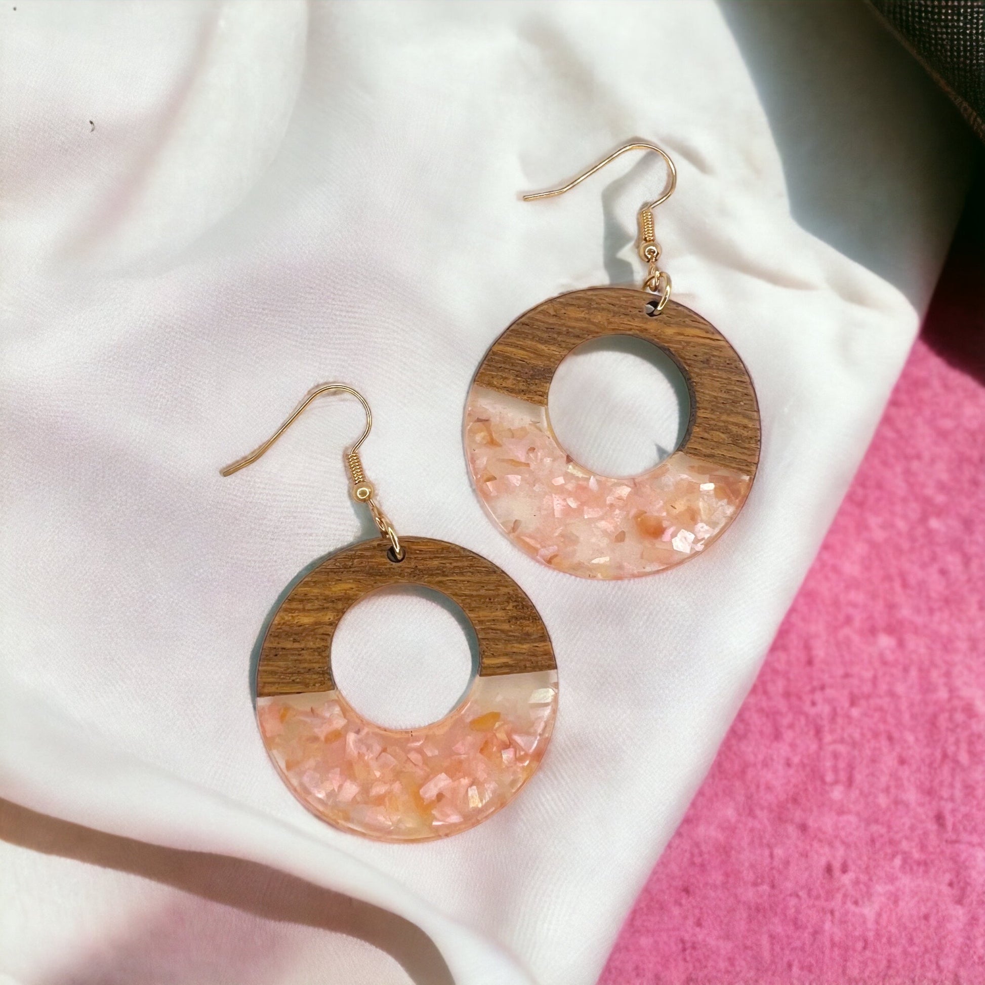 Pink Wooden Earrings - Wood Jewelry, Stained Glass, Heart Accessories, Pink Jewelry, Color Block Jewelry, Dangle Earrings, Pink Earrings - Rhythms of Grace Creative