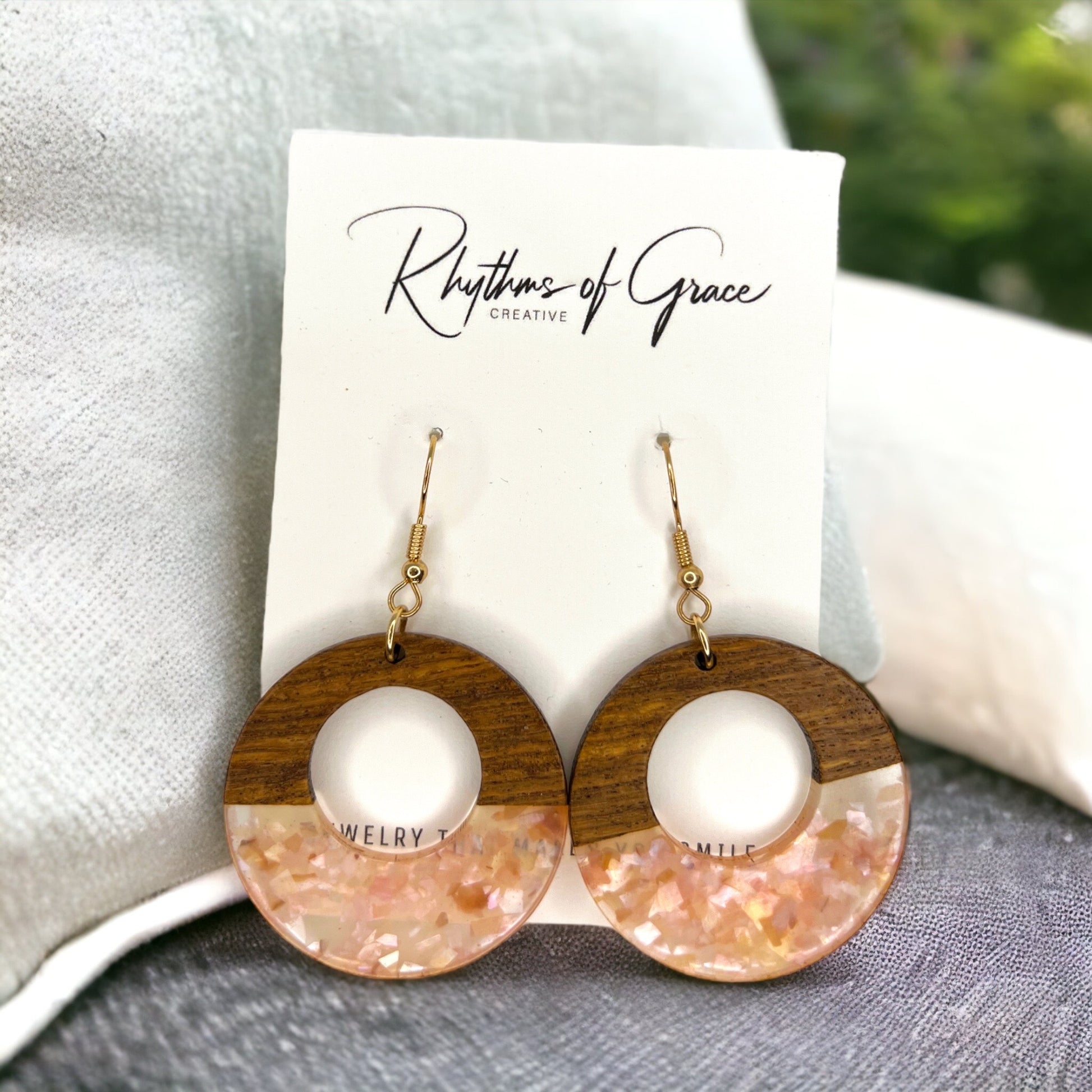 Pink Wooden Earrings - Wood Jewelry, Stained Glass, Heart Accessories, Pink Jewelry, Color Block Jewelry, Dangle Earrings, Pink Earrings - Rhythms of Grace Creative