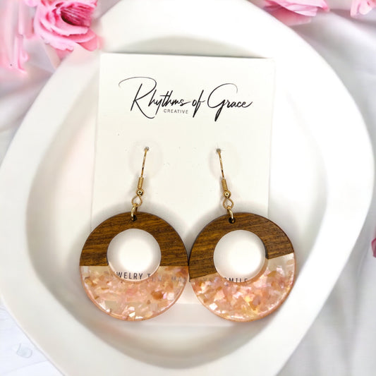 Pink Wooden Earrings - Wood Jewelry, Stained Glass, Heart Accessories, Pink Jewelry, Color Block Jewelry, Dangle Earrings, Pink Earrings - Rhythms of Grace Creative