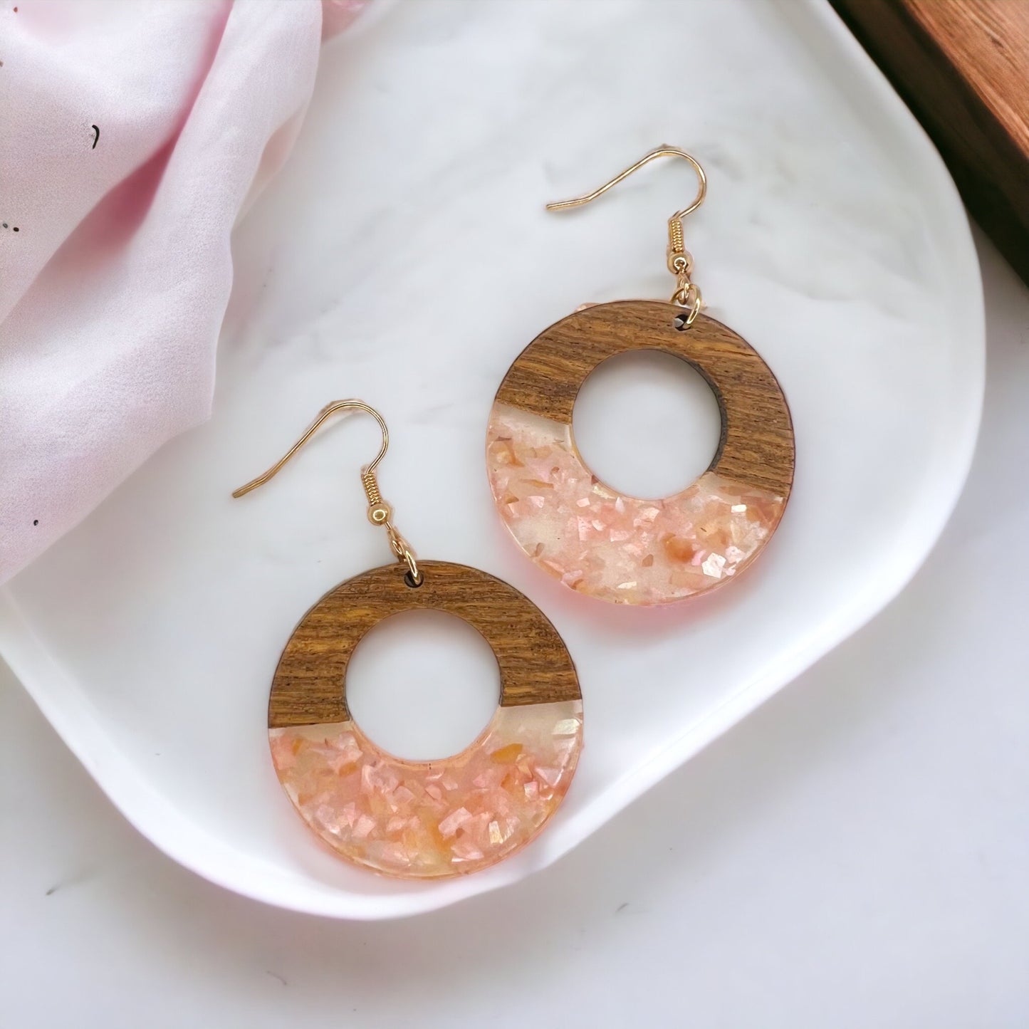 Pink Wooden Earrings - Wood Jewelry, Stained Glass, Heart Accessories, Pink Jewelry, Color Block Jewelry, Dangle Earrings, Pink Earrings - Rhythms of Grace Creative