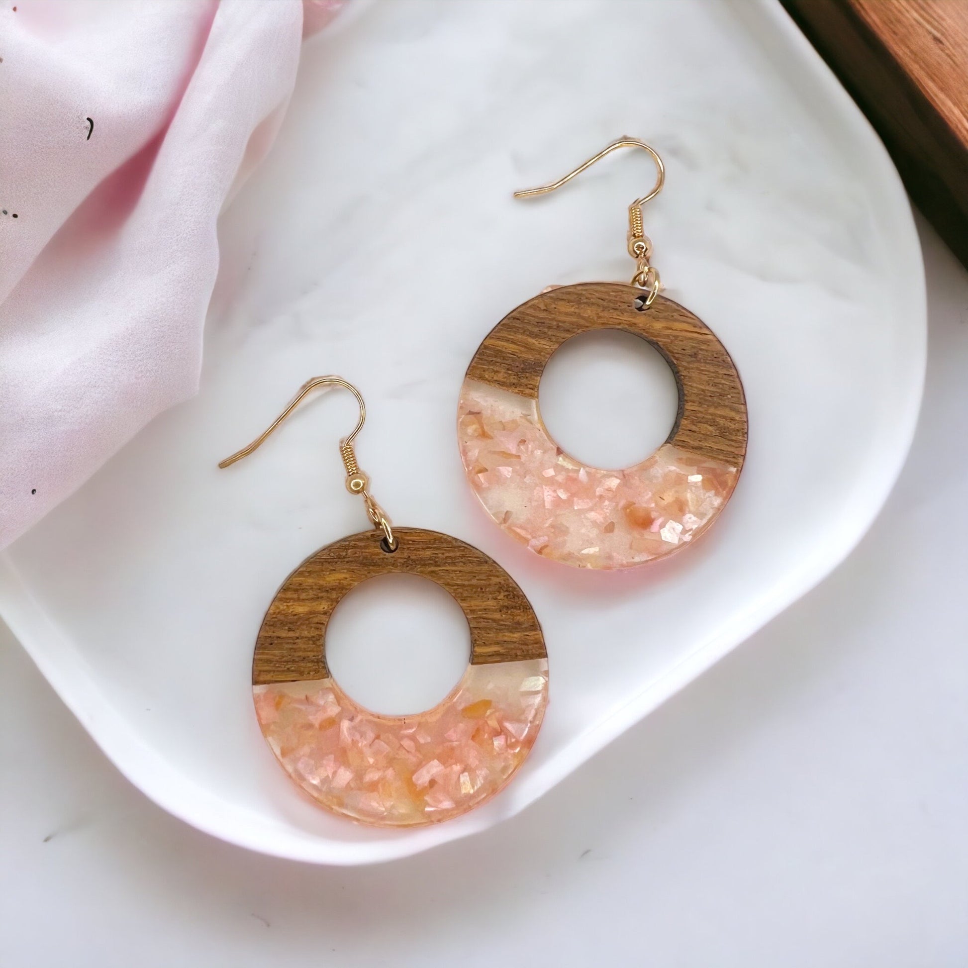 Pink Wooden Earrings - Wood Jewelry, Stained Glass, Heart Accessories, Pink Jewelry, Color Block Jewelry, Dangle Earrings, Pink Earrings - Rhythms of Grace Creative
