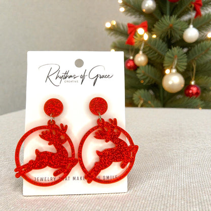 Red Glitter Reindeer Earrings | Rudolph Christmas Earrings | Festive Holiday Dangle Earrings | Christmas Jewelry