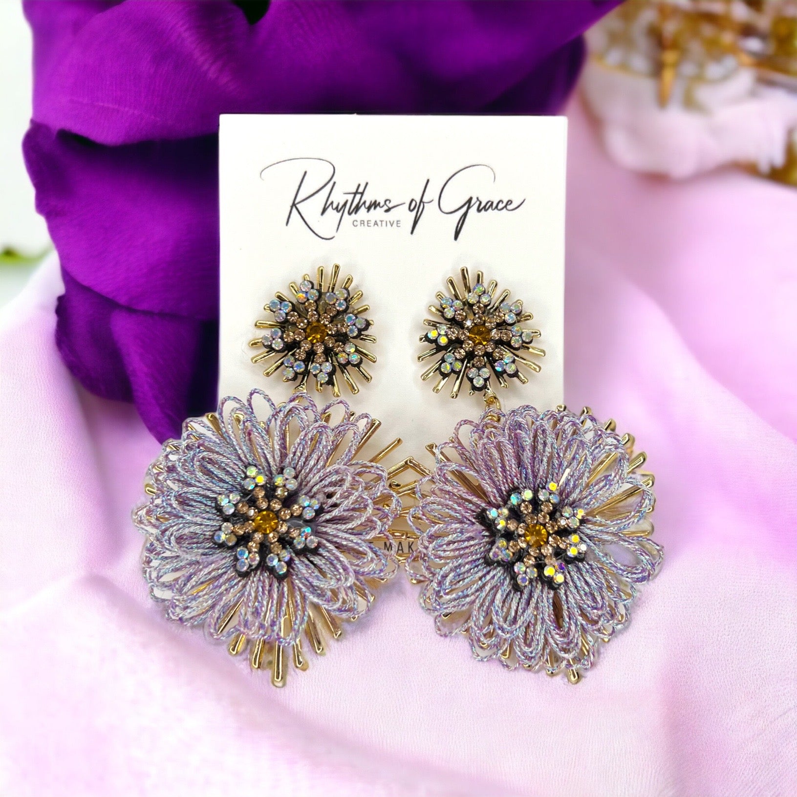 Beaded Flower Earrings - Boho Chic, Lavender Earrings, Floral Accessories, Fun and Funky - Rhythms of Grace Creative