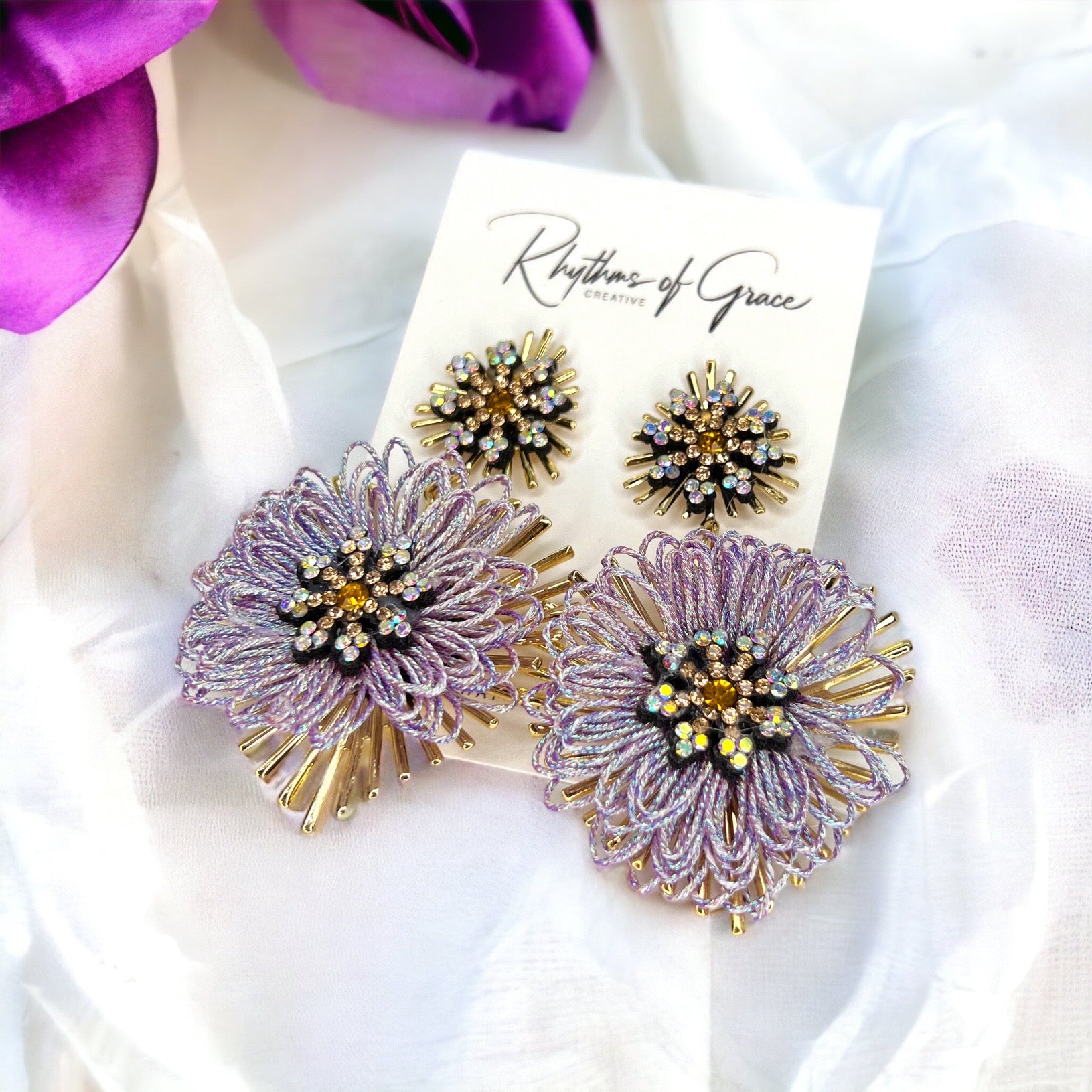 Beaded Flower Earrings - Boho Chic, Lavender Earrings, Floral Accessories, Fun and Funky - Rhythms of Grace Creative