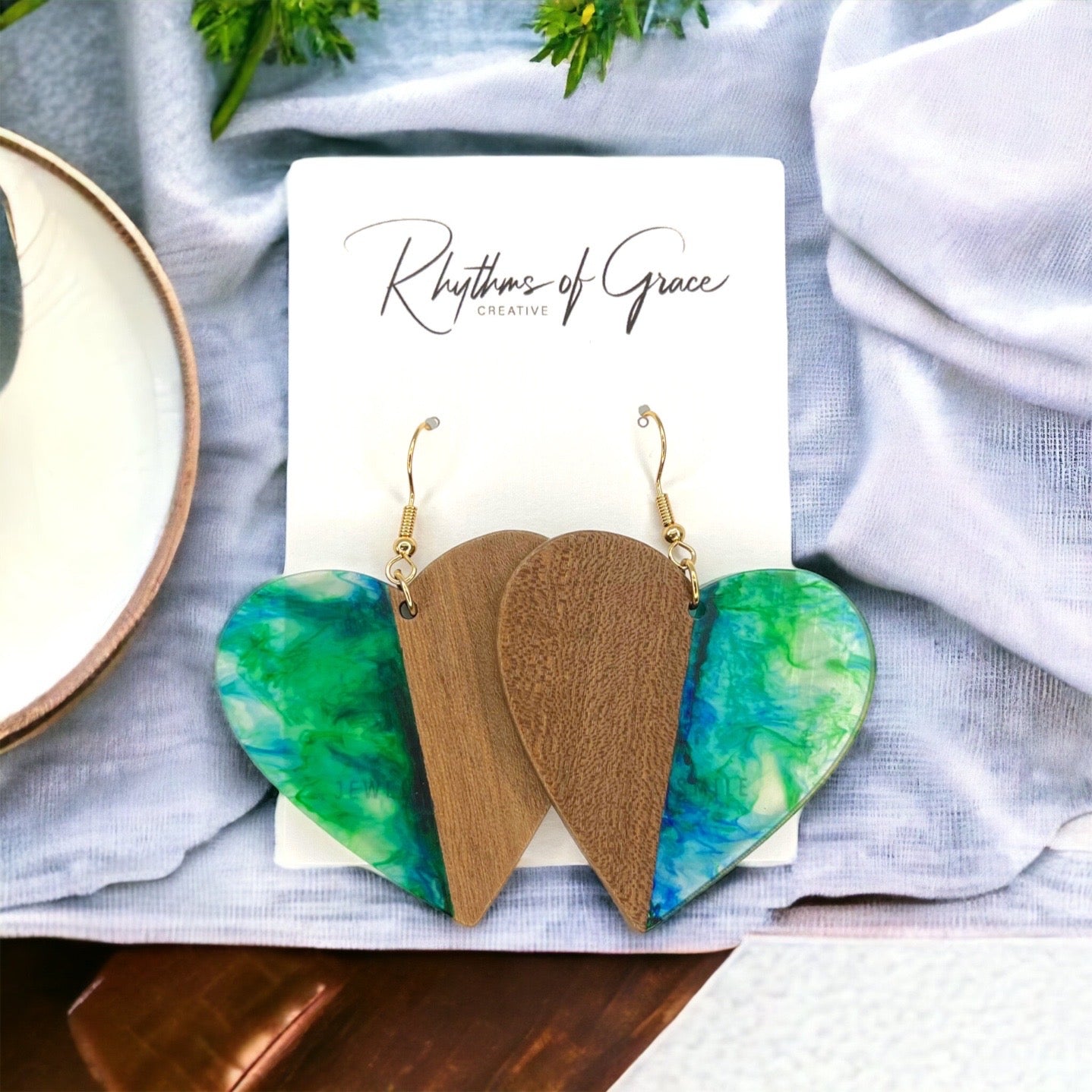 Green Heart Earrings - Wood Jewelry, Stained Glass, Heart Accessories, Green Jewelry, Color Block Jewelry, Dangle Earrings, Green Earrings - Rhythms of Grace Creative