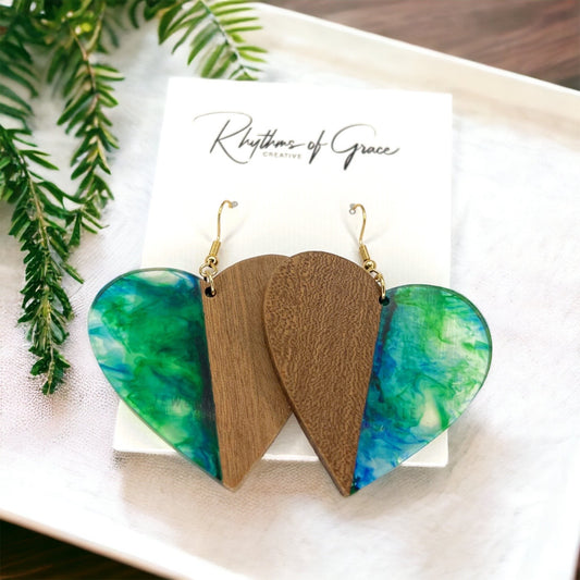 Green Heart Earrings - Wood Jewelry, Stained Glass, Heart Accessories, Green Jewelry, Color Block Jewelry, Dangle Earrings, Green Earrings - Rhythms of Grace Creative